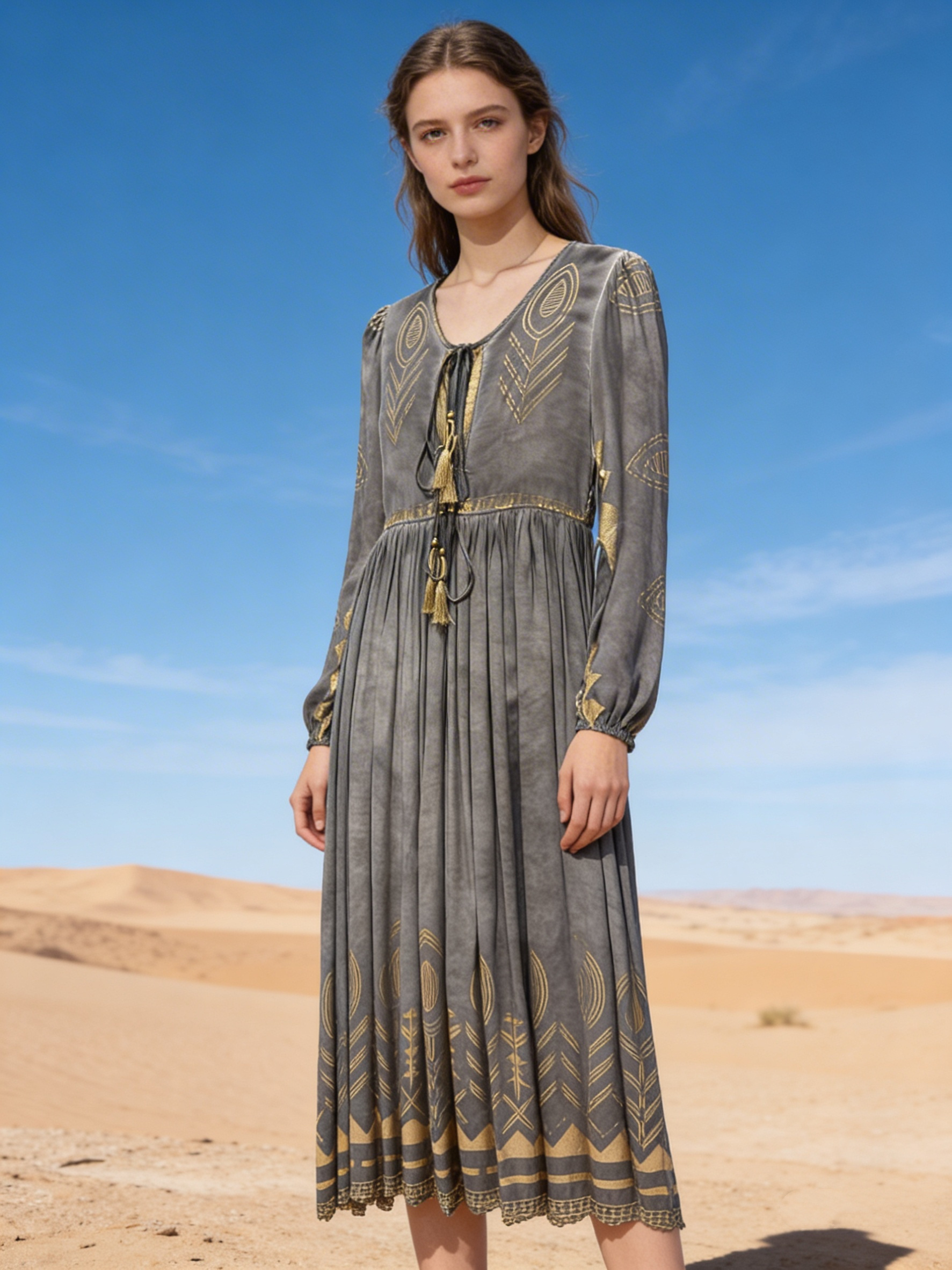 Mayorista Last Queen - Vestido largo con estampado bohemio efecto dorado, cuello en V con lazos para atar, corte acampanado