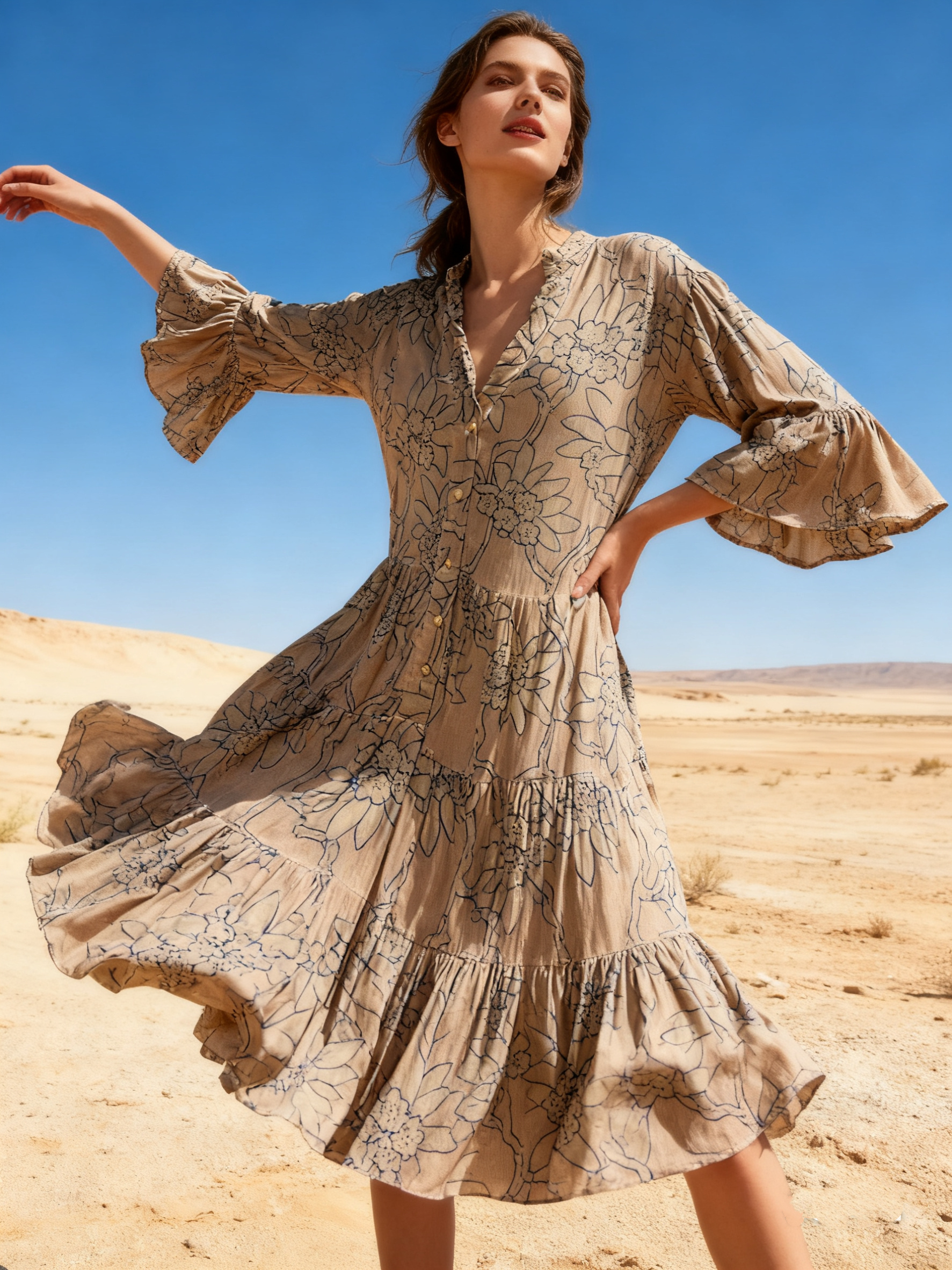 Wholesaler Last Queen - Flowy tunic dress with floral print, buttoned front V-neck