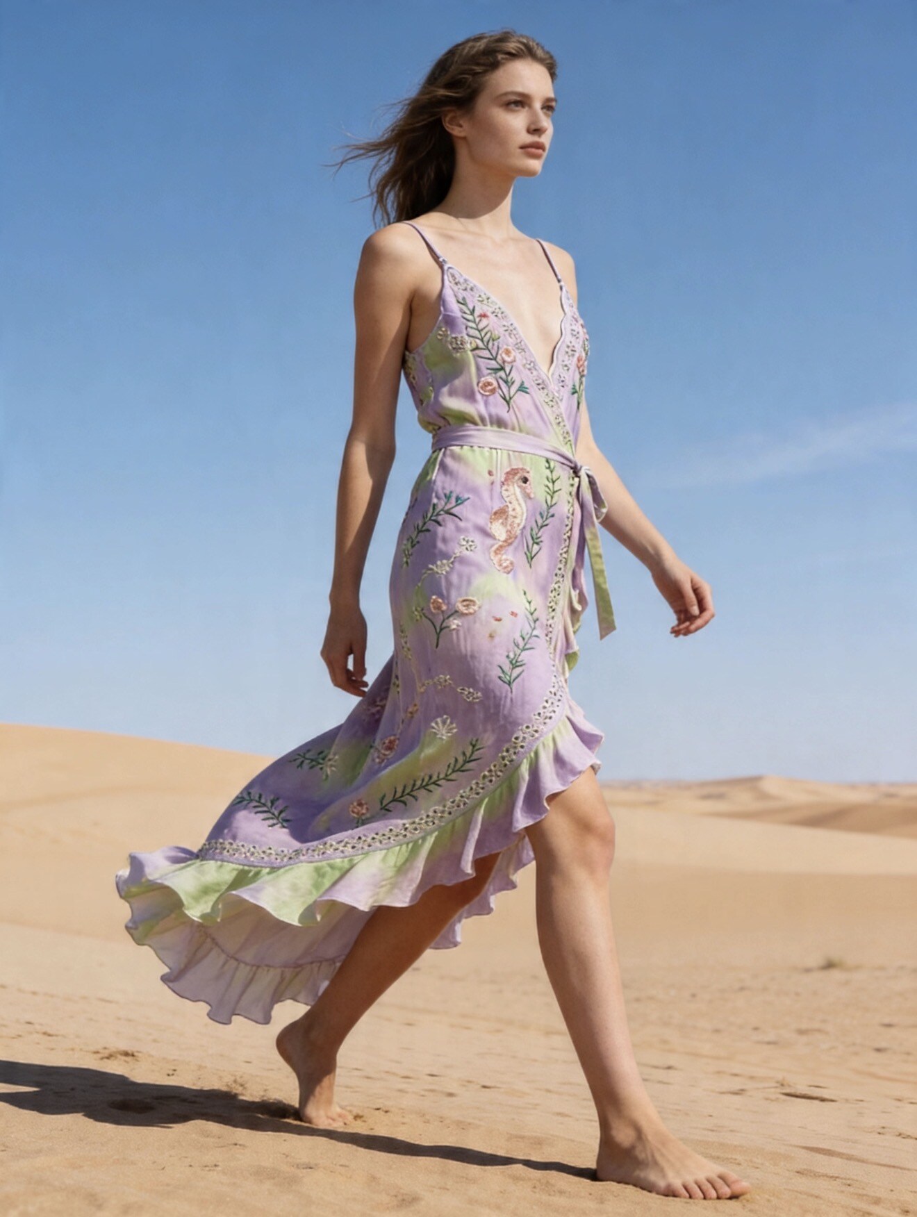 Mayorista Last Queen - Vestido largo fluido asimétrico con bordado, estilo envolvente
