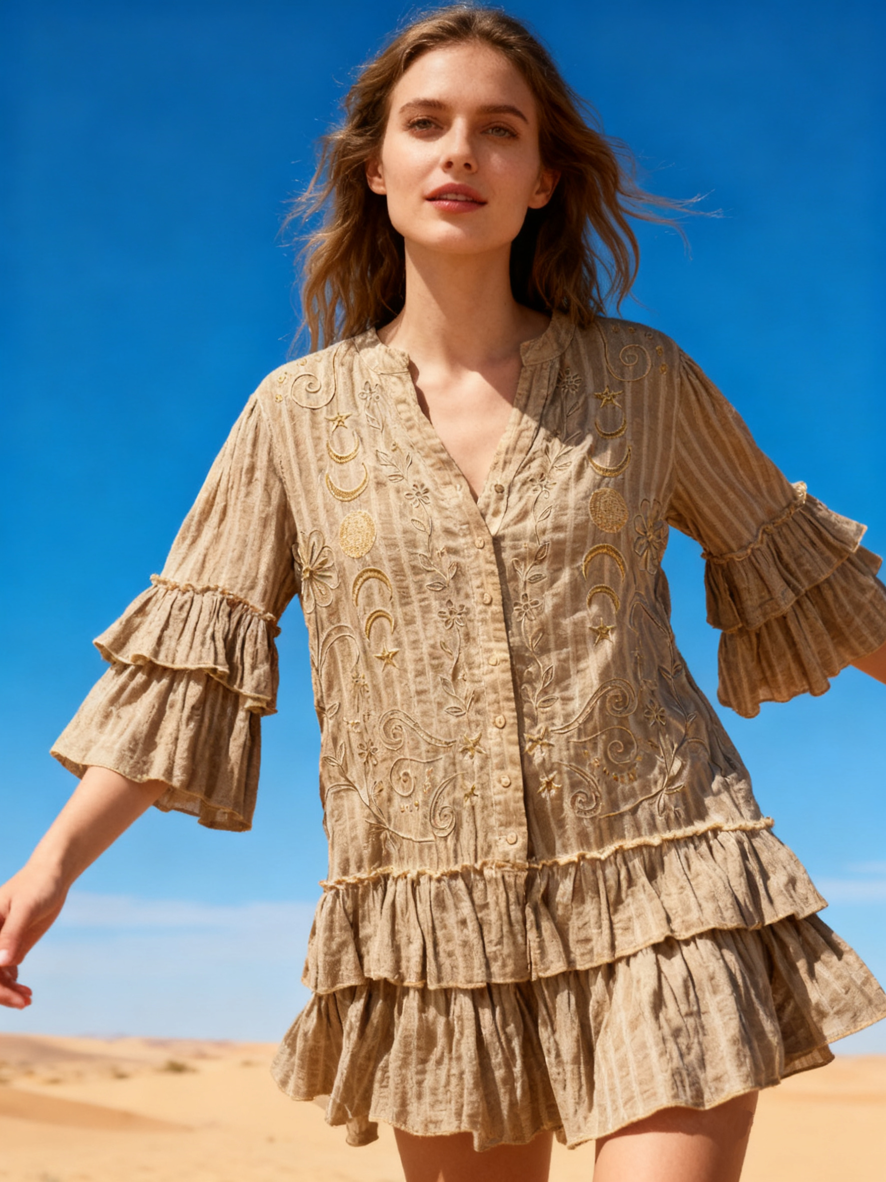 Wholesaler Last Queen - Embroidered midi dress, flared cut with ruffles, V-neck