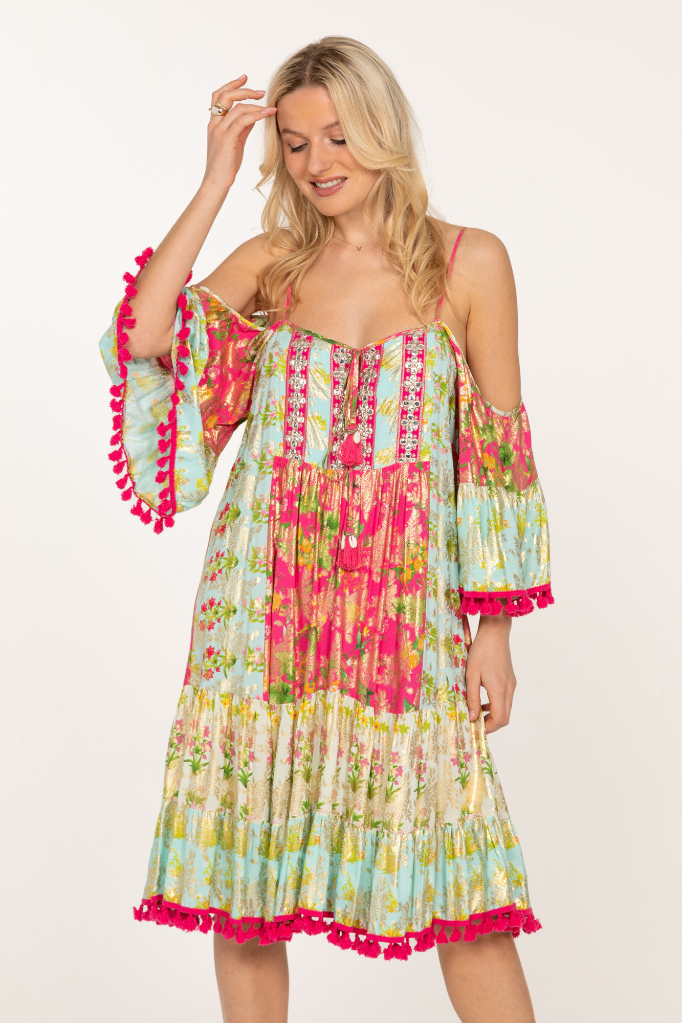 Grossista Last Queen - Vestiti con stampa floreale con nodo pompom con volant con effetto dorato