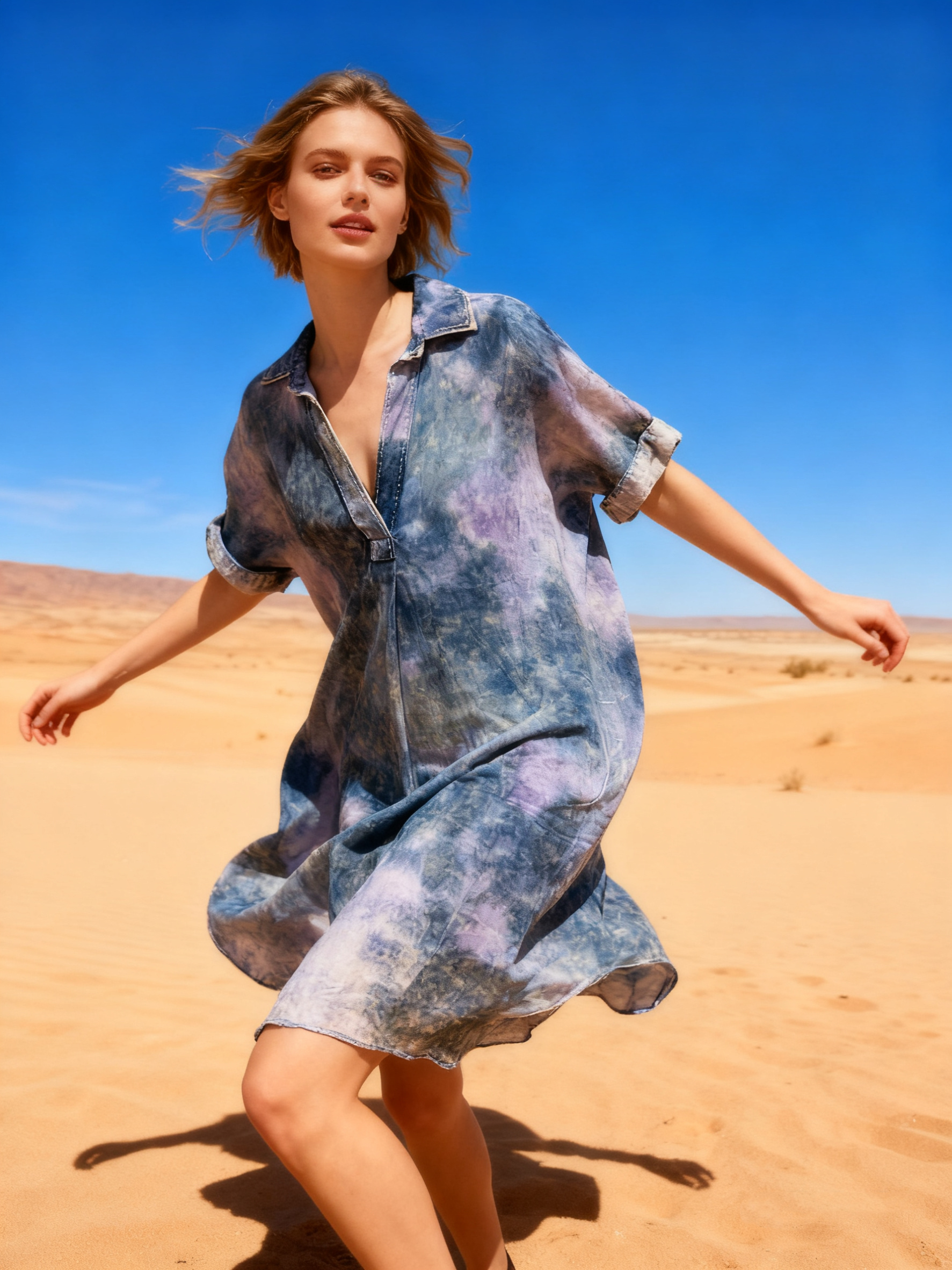 Wholesaler Last Queen - Flowy tie-dye shirt dress, flared cut, washed fabric