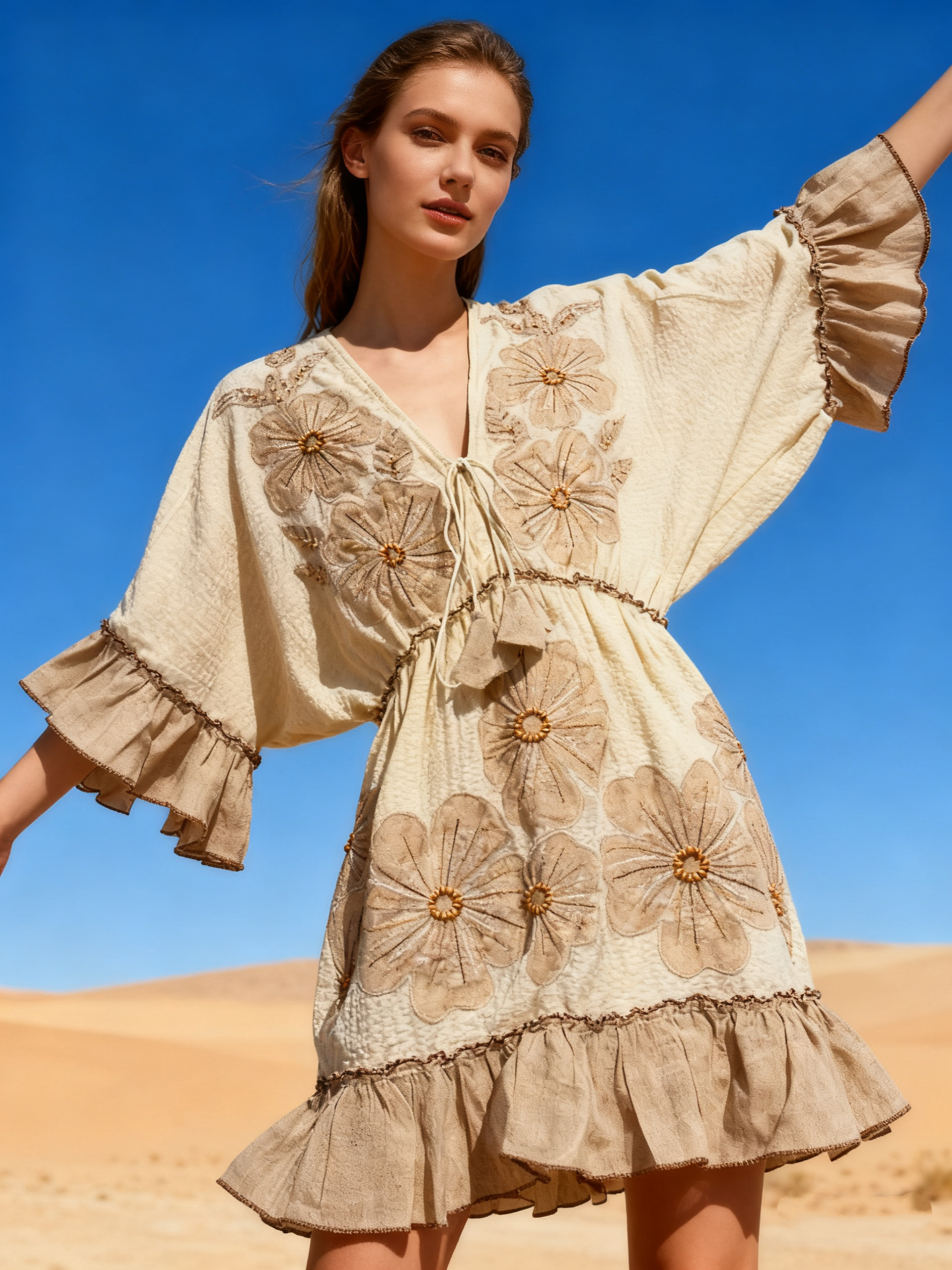 Wholesaler Last Queen - Mid-length flared dress with floral embroidery, textured fabric