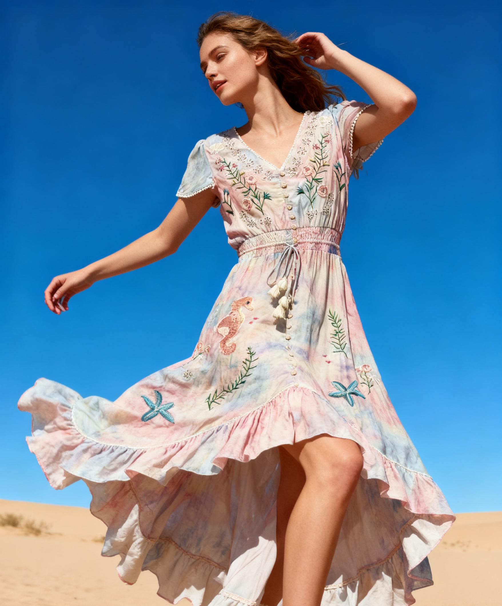 Wholesaler Last Queen - Asymmetrical long embroidered dress, v-neck