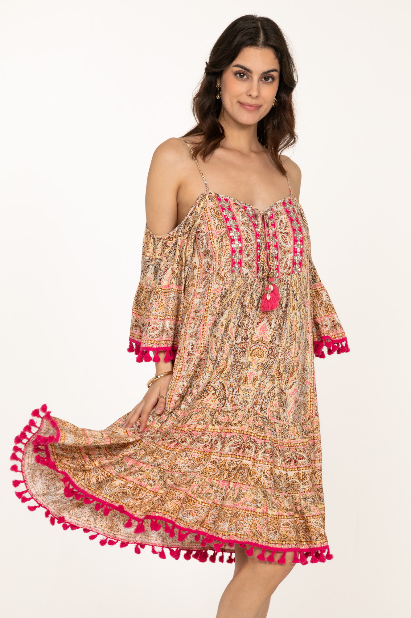 Grossista Last Queen - Vestiti con stampa floreale con nodo pompom con volant con effetto dorato