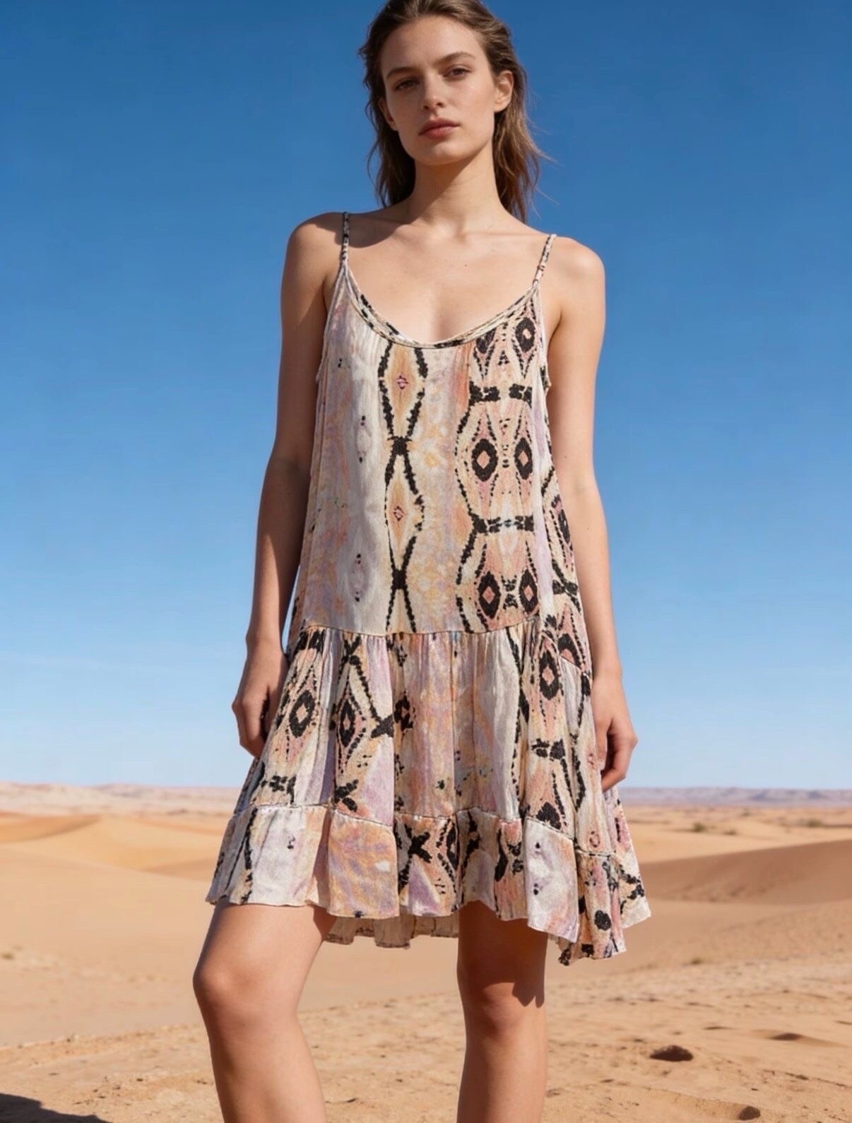 Mayorista Last Queen - Vestido fluido con estampado y tirantes finos, estilo desgastado, bajo fruncido