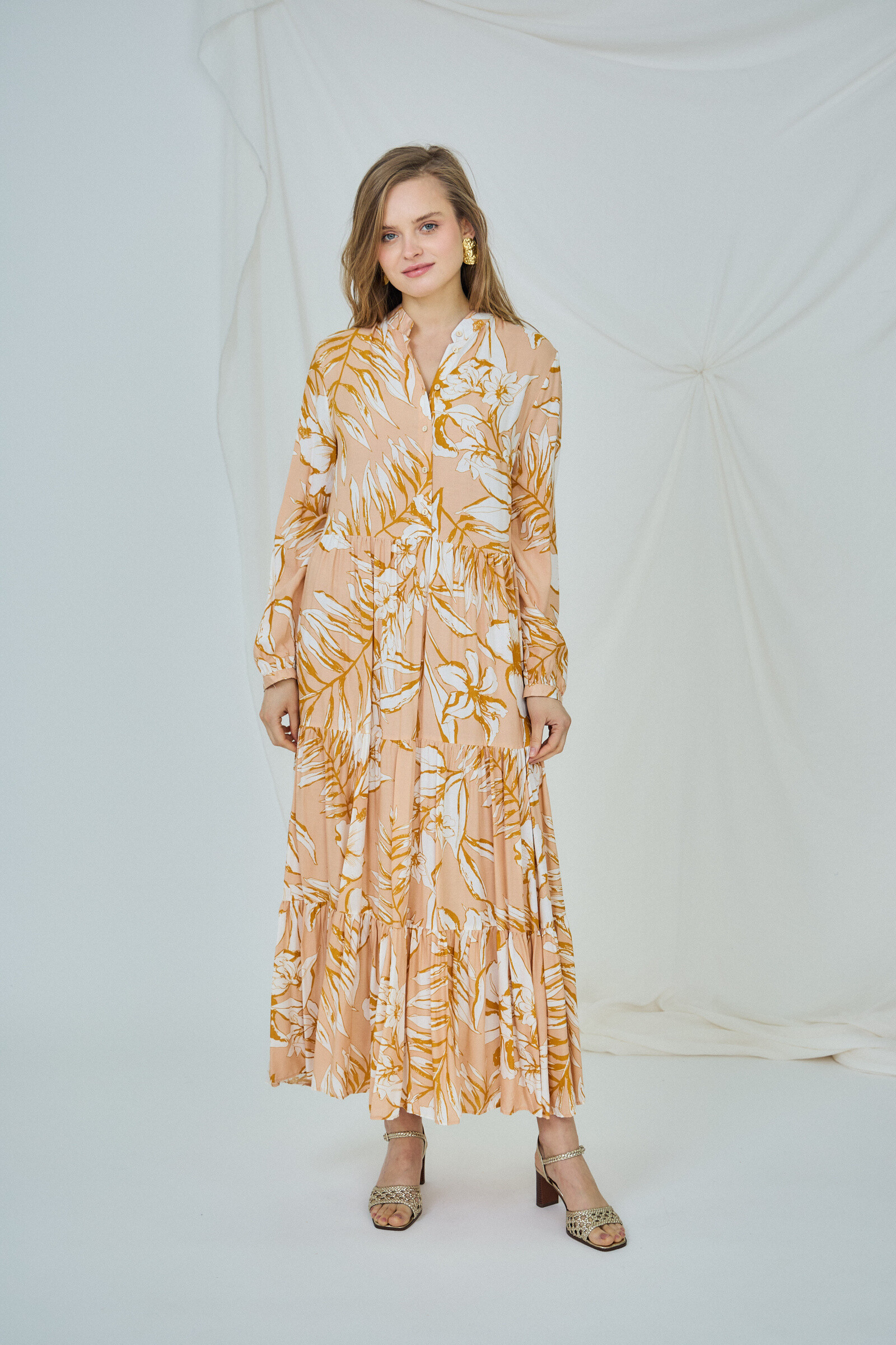 Mayorista LAST QUEEN OUTLET - Vestido largo estilo camisero estampado, corte holgado y frunces