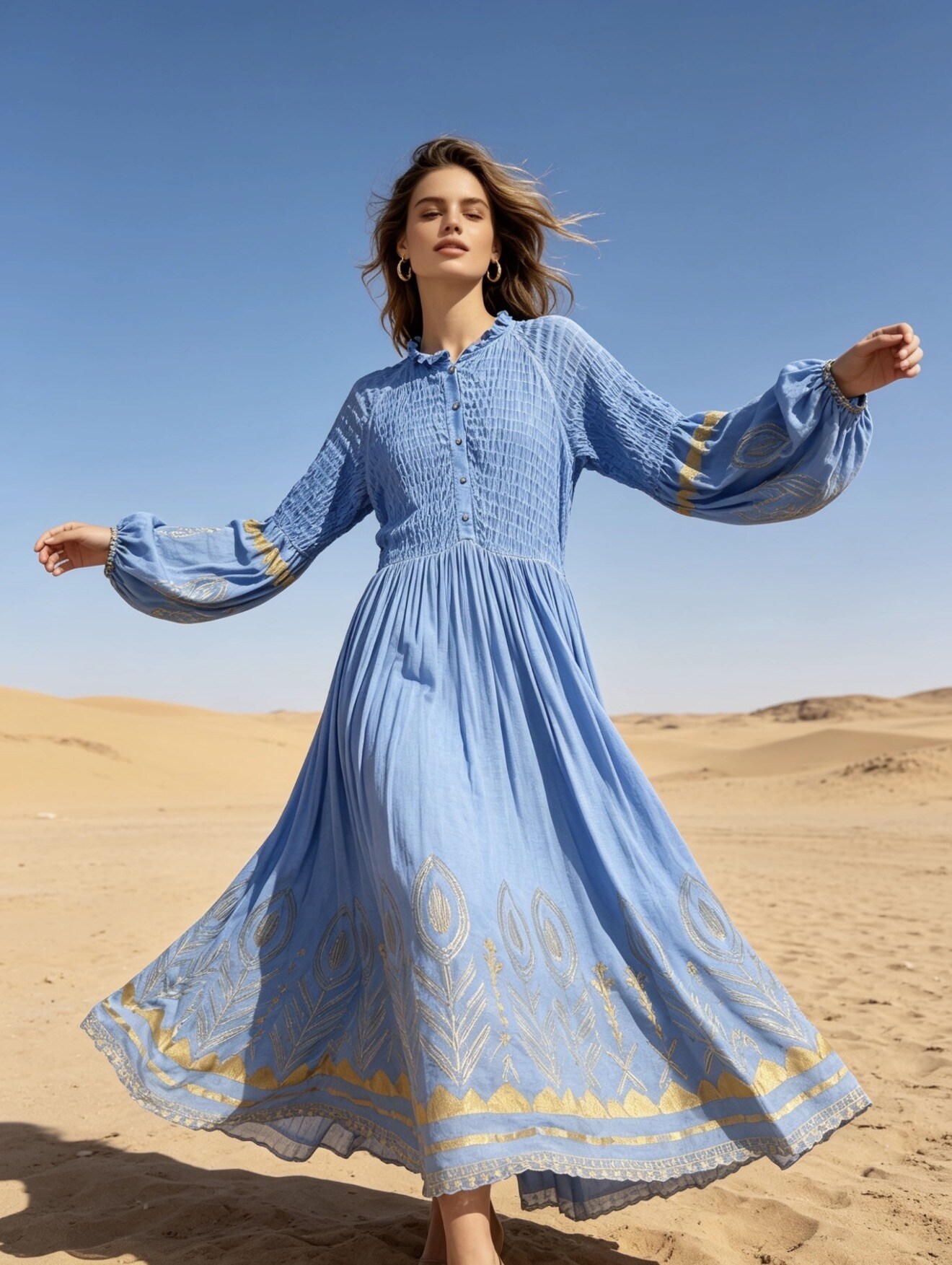 Mayorista Last Queen - Vestido largo estilo camisa con estampado bohemio y efecto dorado. Corte holgado con frunces