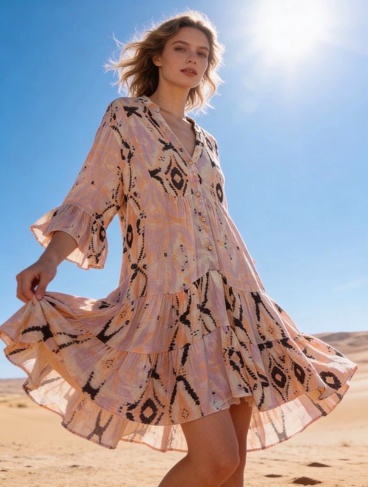 Mayorista Last Queen - Vestido túnica fluido con estampado, estilo desgastado, corte acampanado con frunces