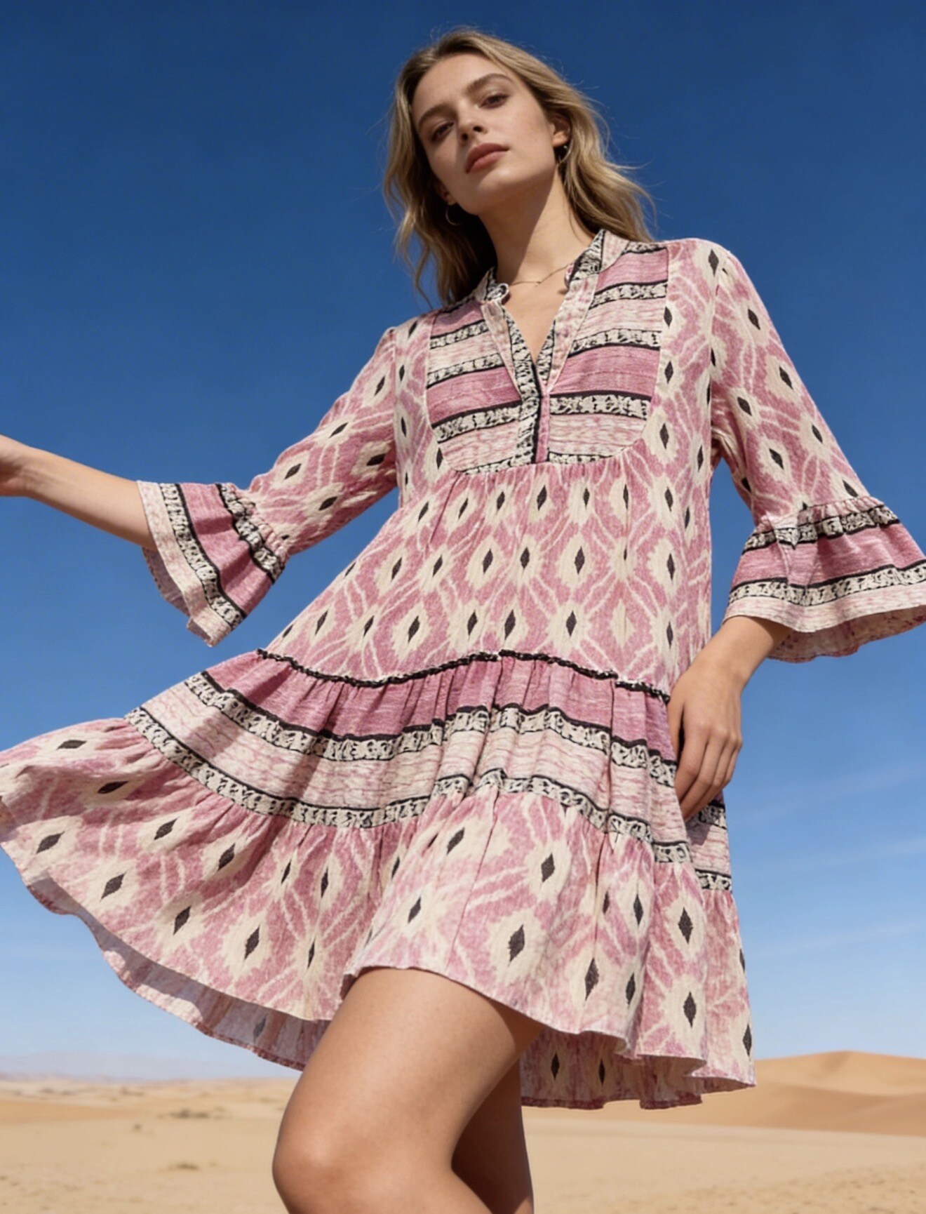Mayorista Last Queen - Vestido midi estampado con Lurex, cuello en v y mangas acampanadas, tejido texturizado