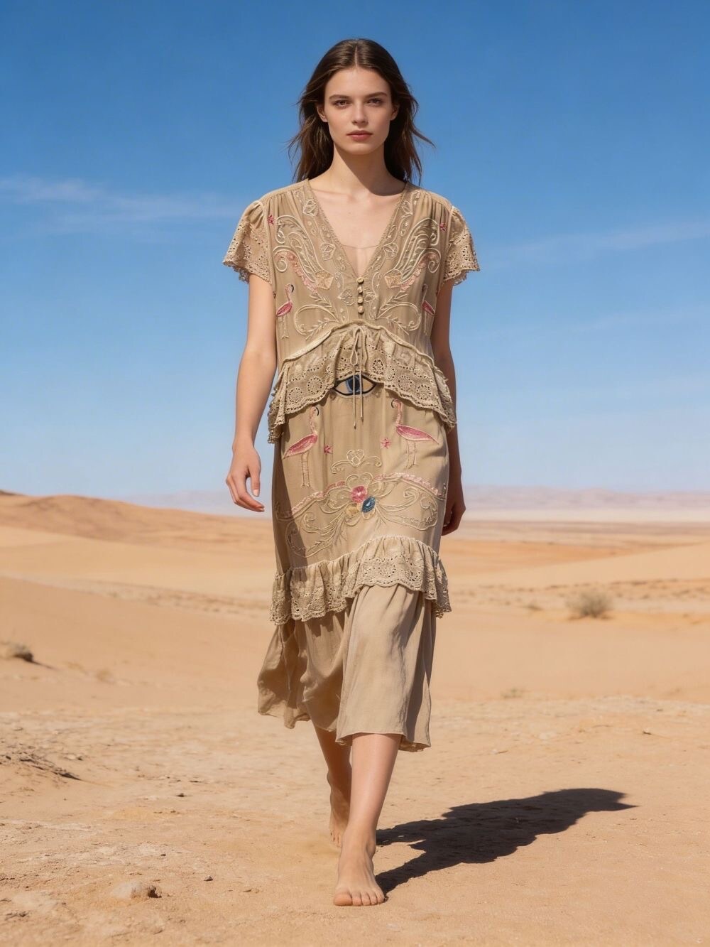Wholesaler Last Queen - Long embroidered dress, V-neck with front buttons, lace detail