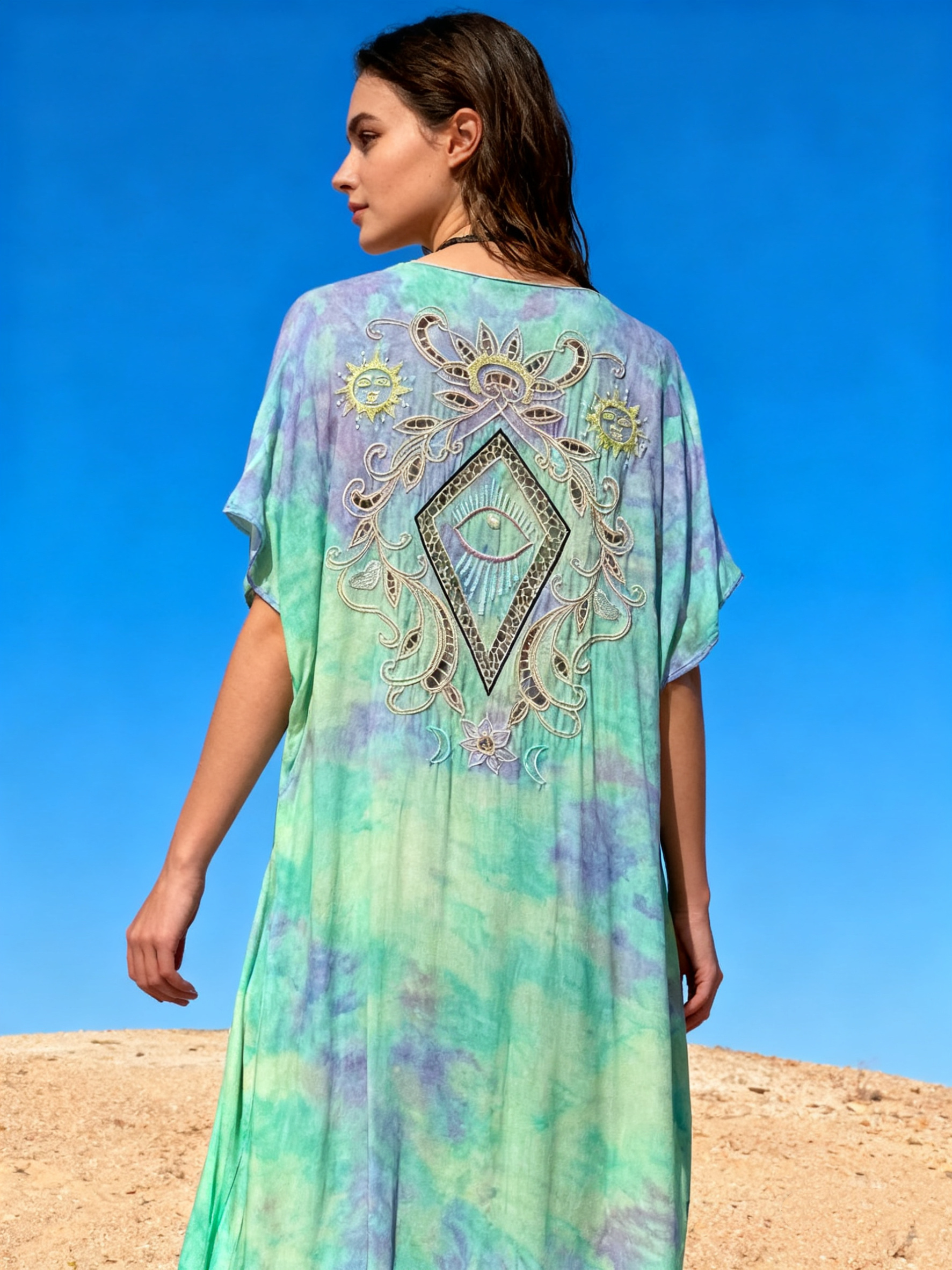 Wholesaler Last Queen - Maxi long dress with floral embroidery and open back, V-neckline