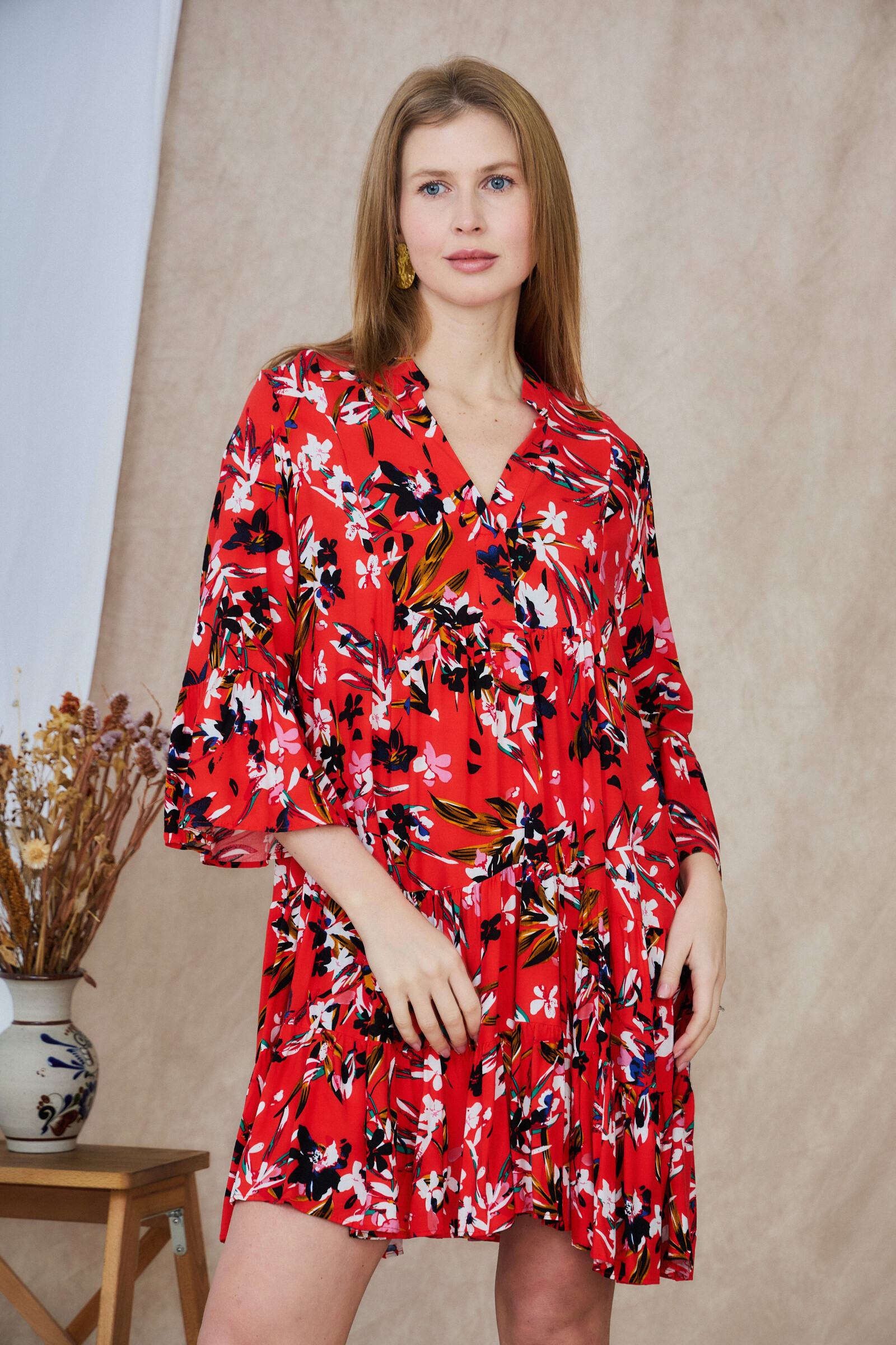 Wholesaler LAST QUEEN OUTLET - Long printed shirt style dress, loose cut with gathers