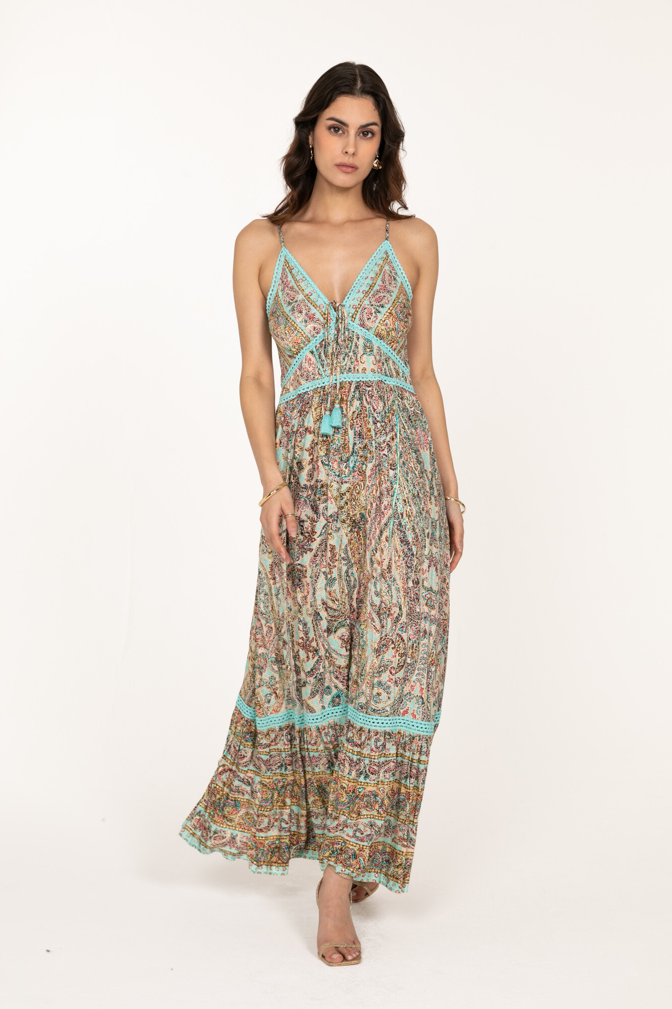 Grossiste Last Queen - Robe imprimé bohème à fine bretelles avec effet dorure
