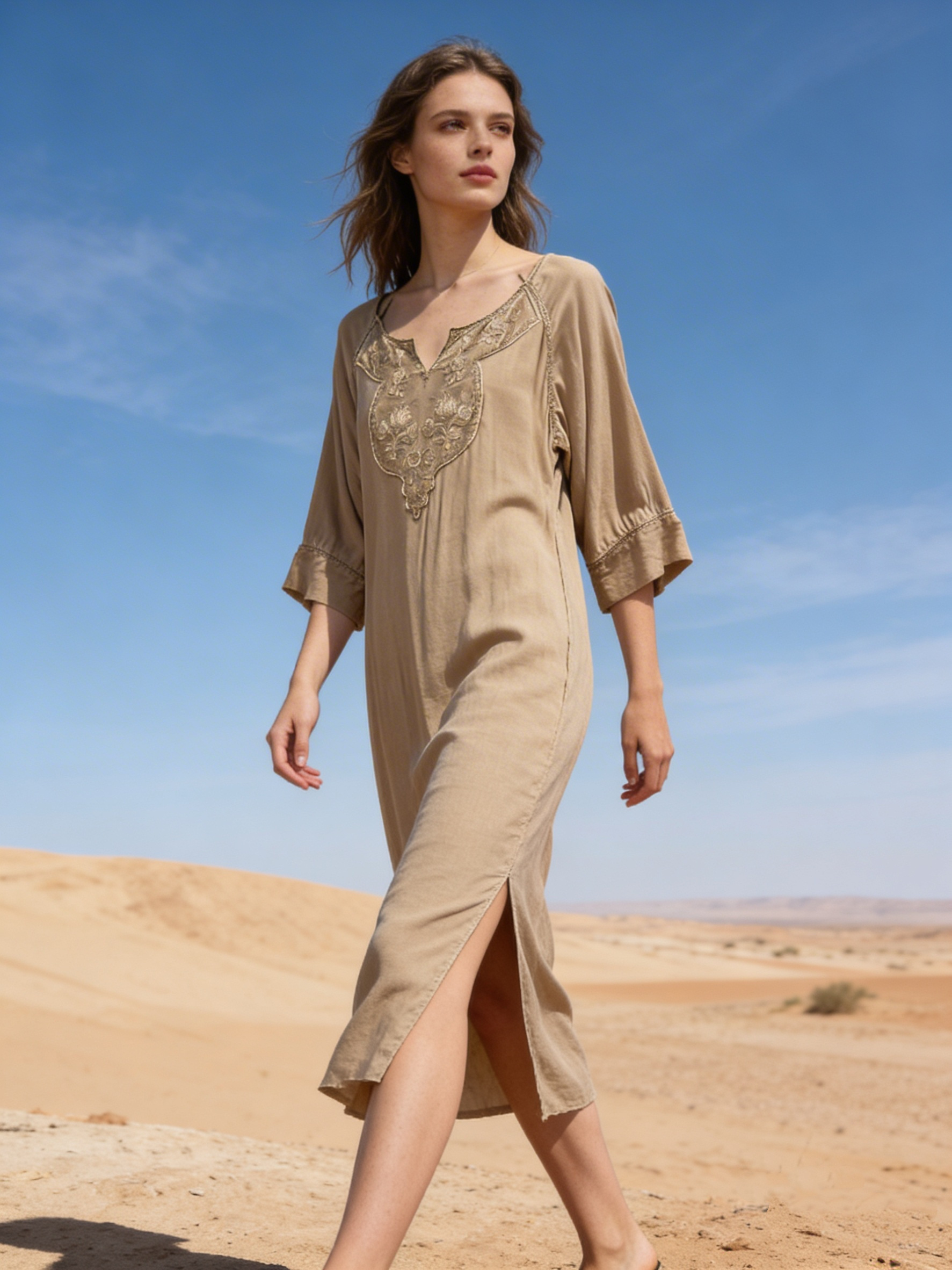 Wholesaler Last Queen - Long dress with embroidery, V-neck, straight cut in a washed-out style