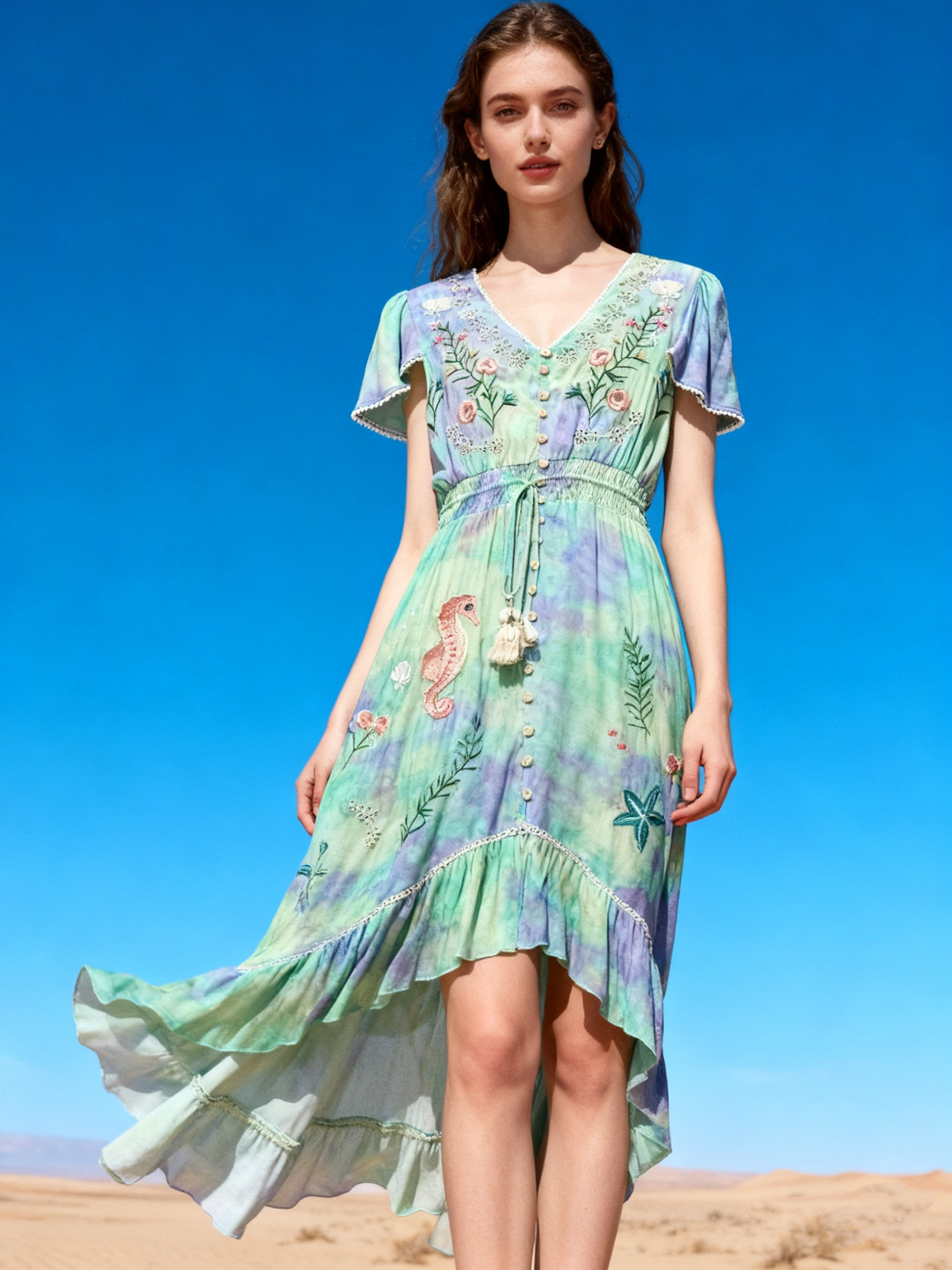 Wholesaler Last Queen - Asymmetrical long embroidered dress, v-neck
