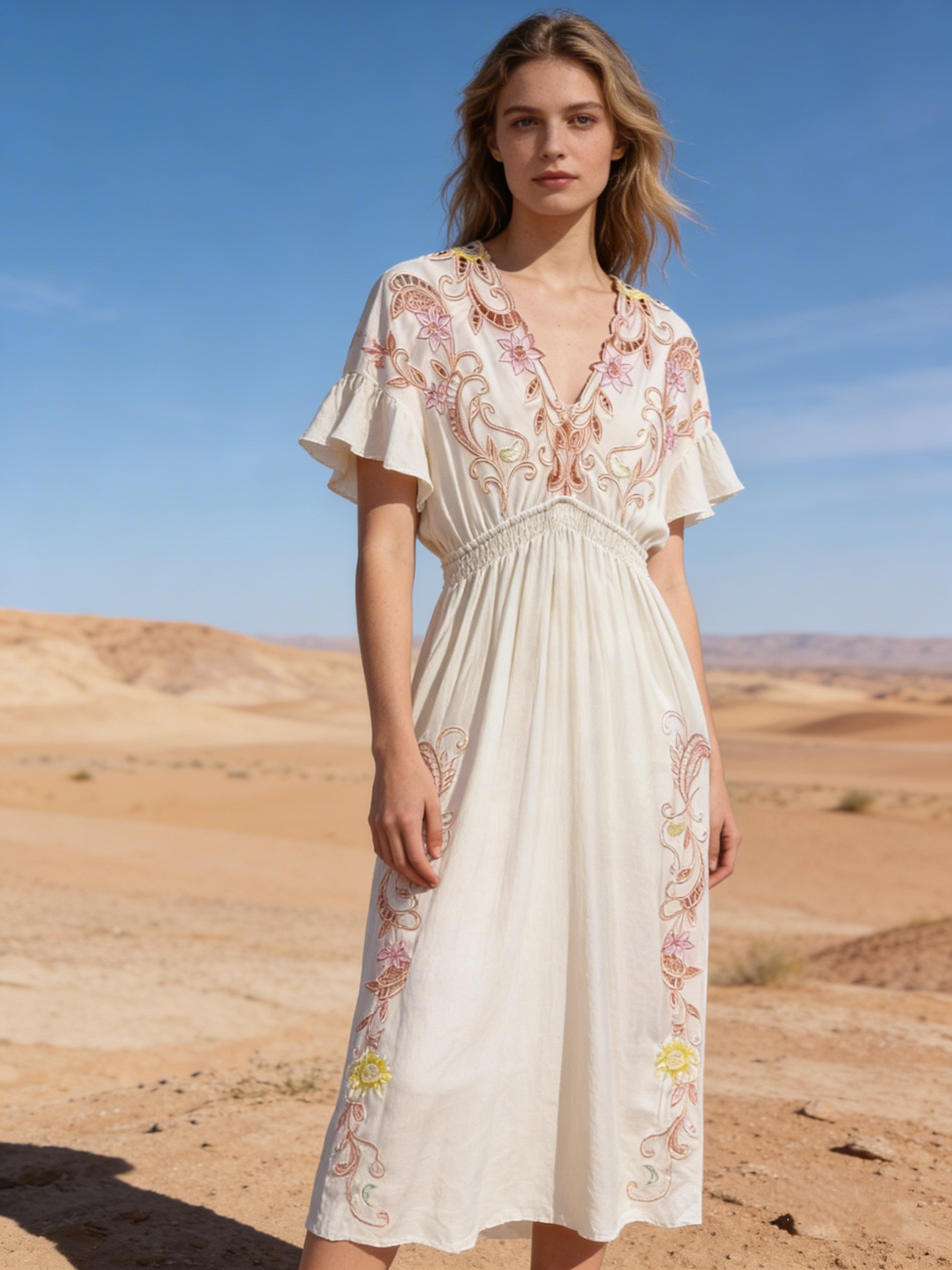 Mayorista Last Queen - Vestido largo con bordado calado, cuello en v
Mangas murciélago