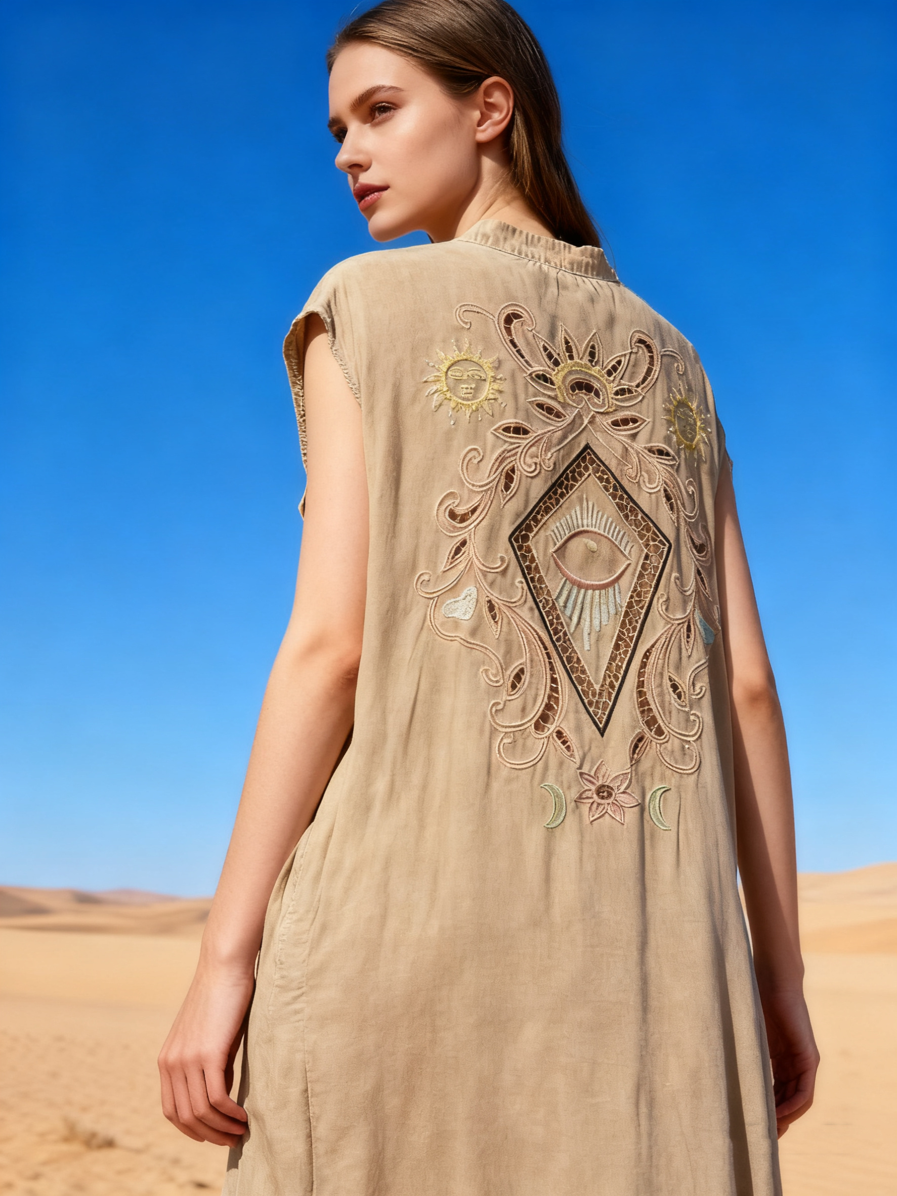 Wholesaler Last Queen - Maxi shirt dress with back embroidery, V-neck, flared fit with hidden pockets