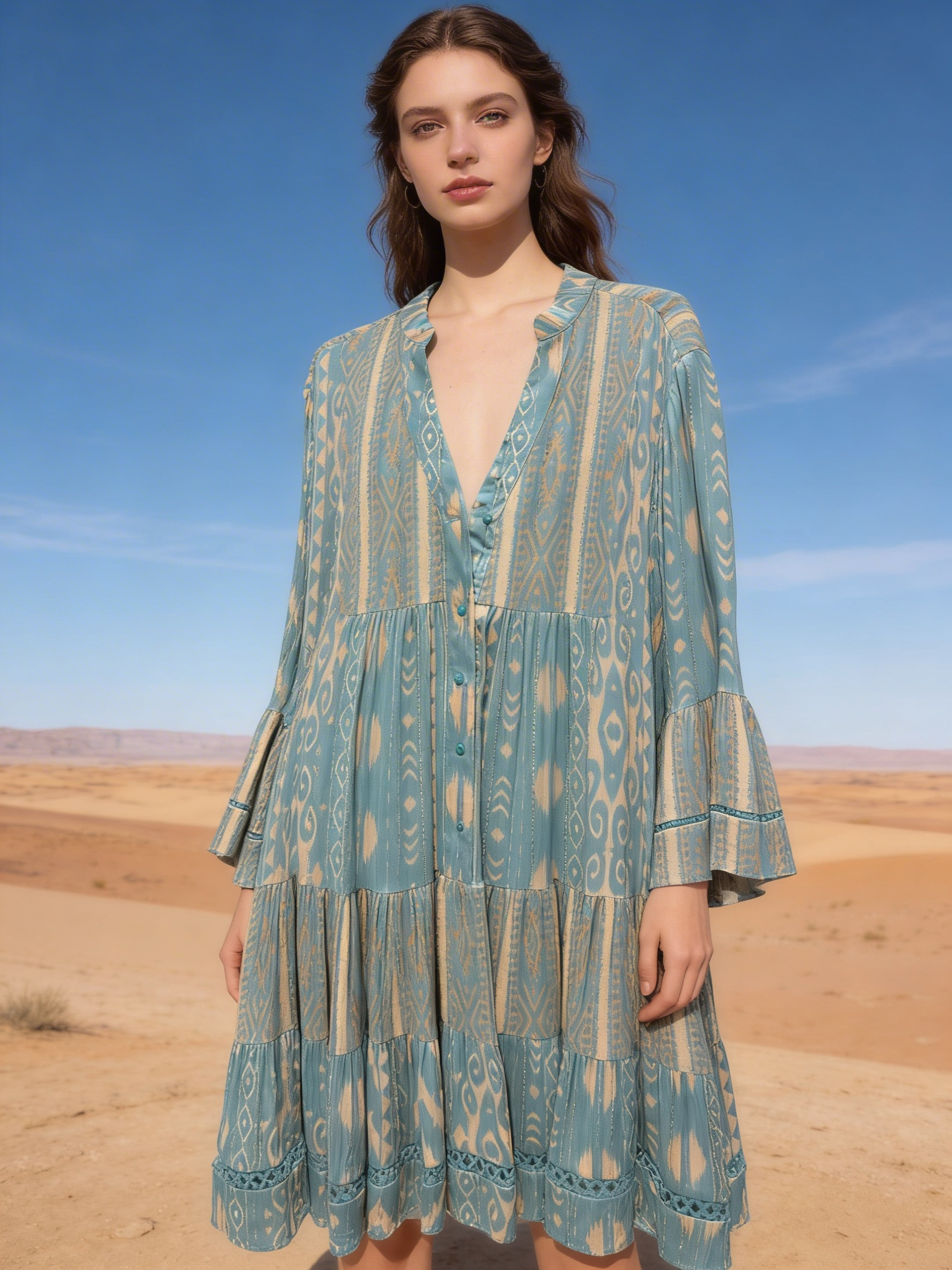 Mayorista Last Queen - Vestido camisero estampado con Lurex, cuello en v y mangas acampanadas