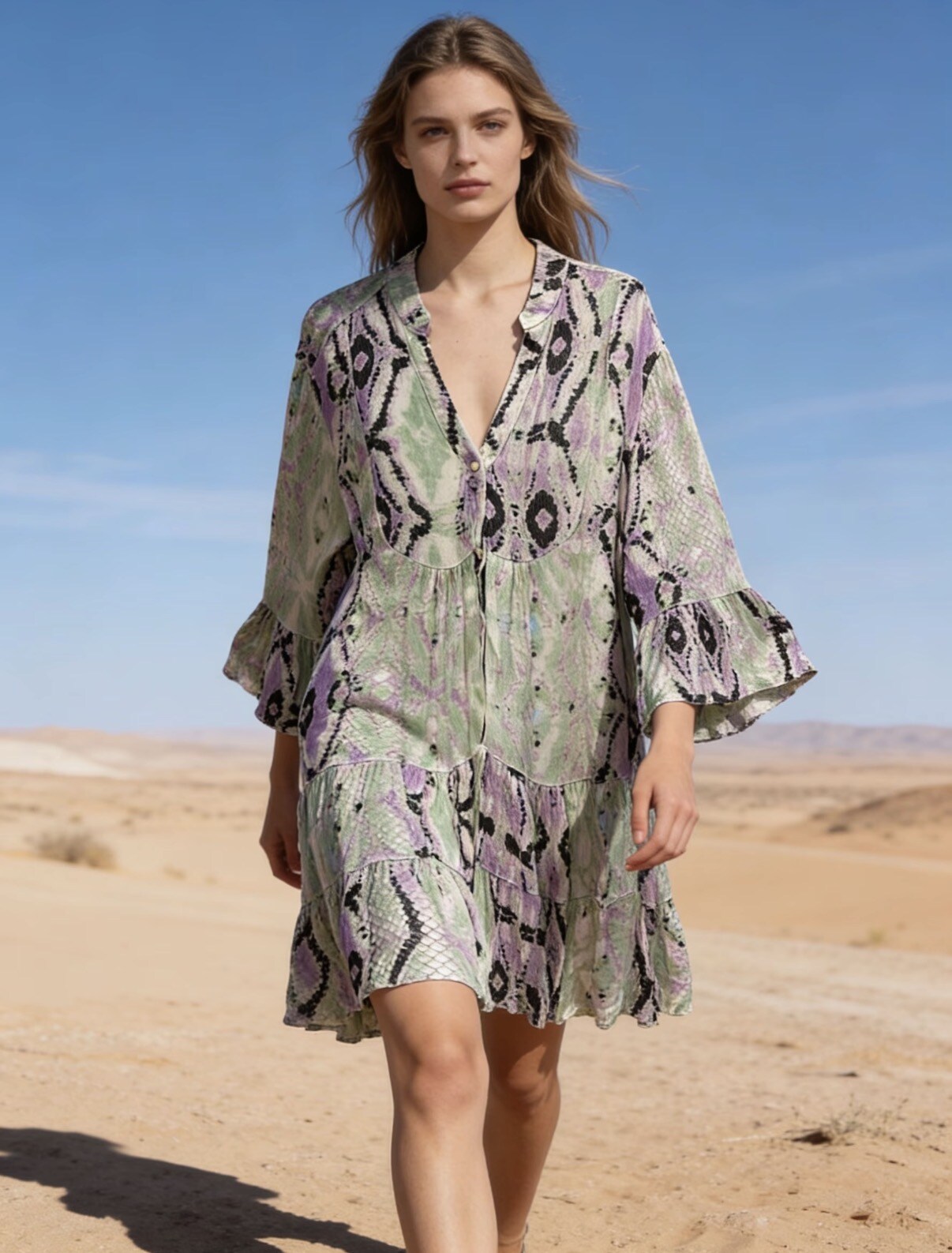 Mayorista Last Queen - Vestido túnica fluido con estampado, estilo desgastado, corte acampanado con frunces