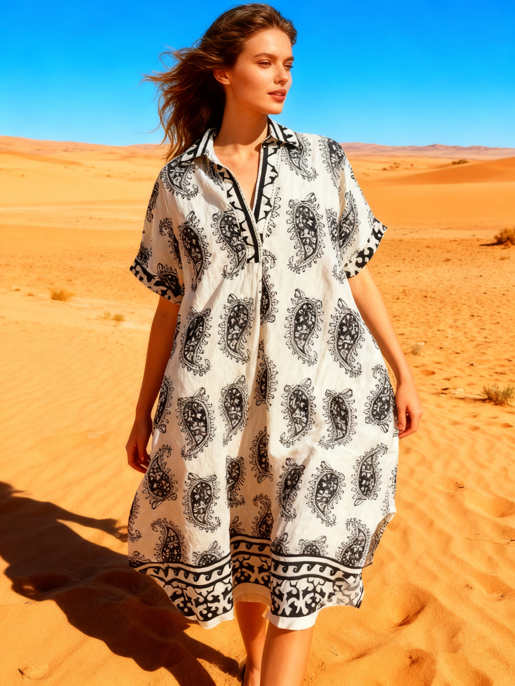 Wholesaler Last Queen - Long paisley print shirt dress, V-neck, flared cut with hidden pockets