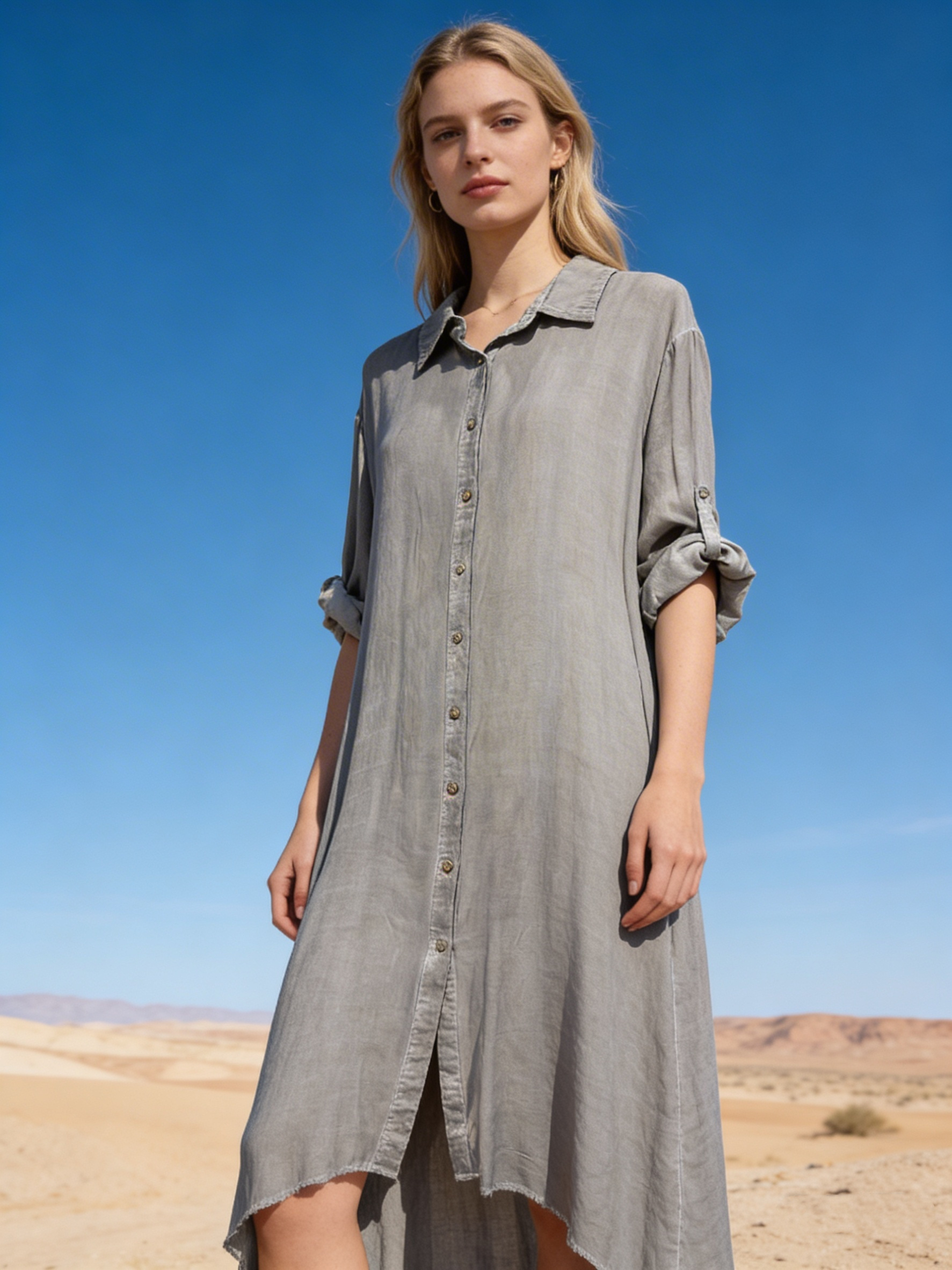 Mayorista Last Queen - Vestido camisero estilo desgastado, corte acampanado con bolsillos invisibles