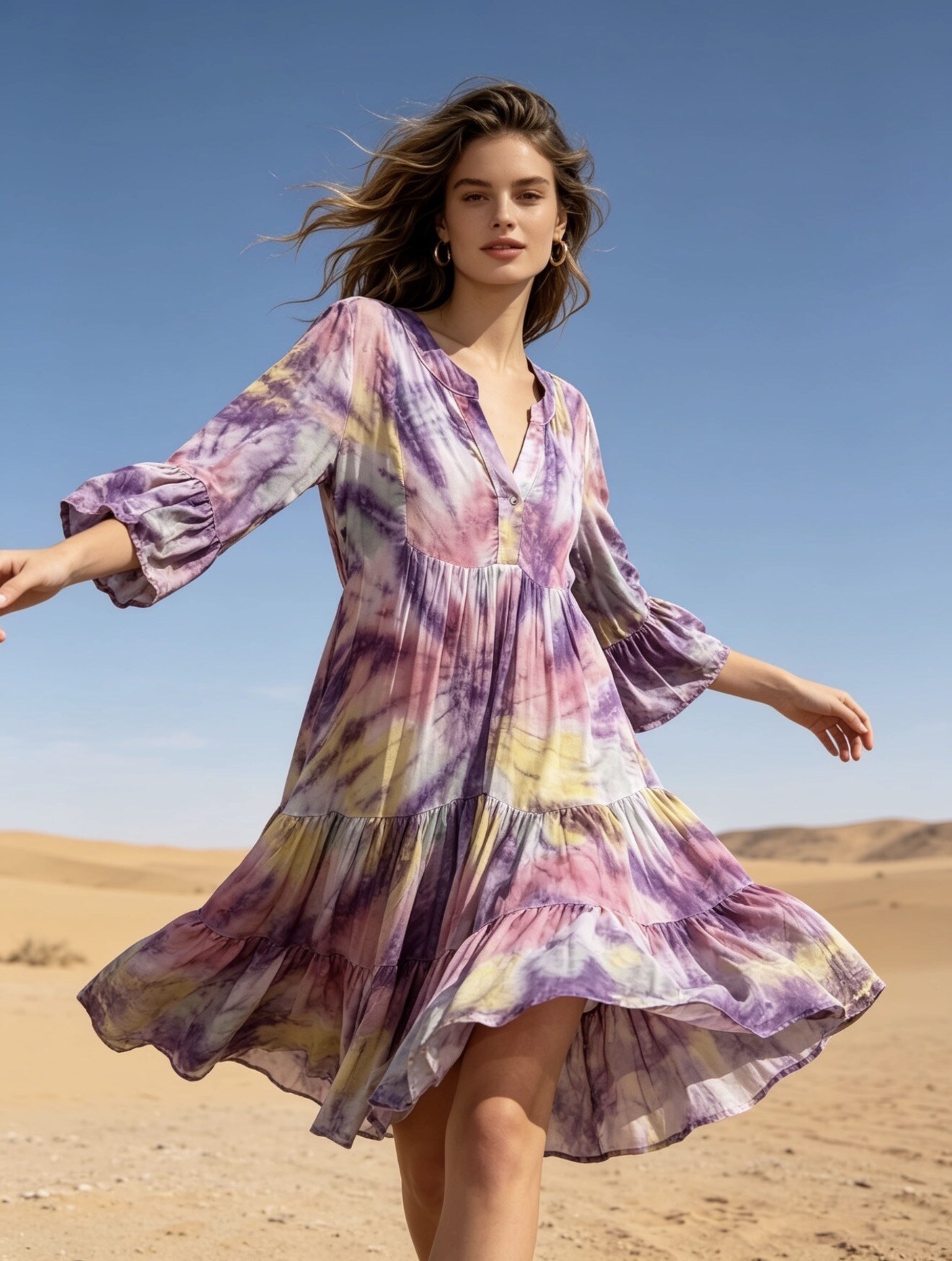 Wholesaler Last Queen - Flowy tie-dye midi dress, V-neck with a flared cut
