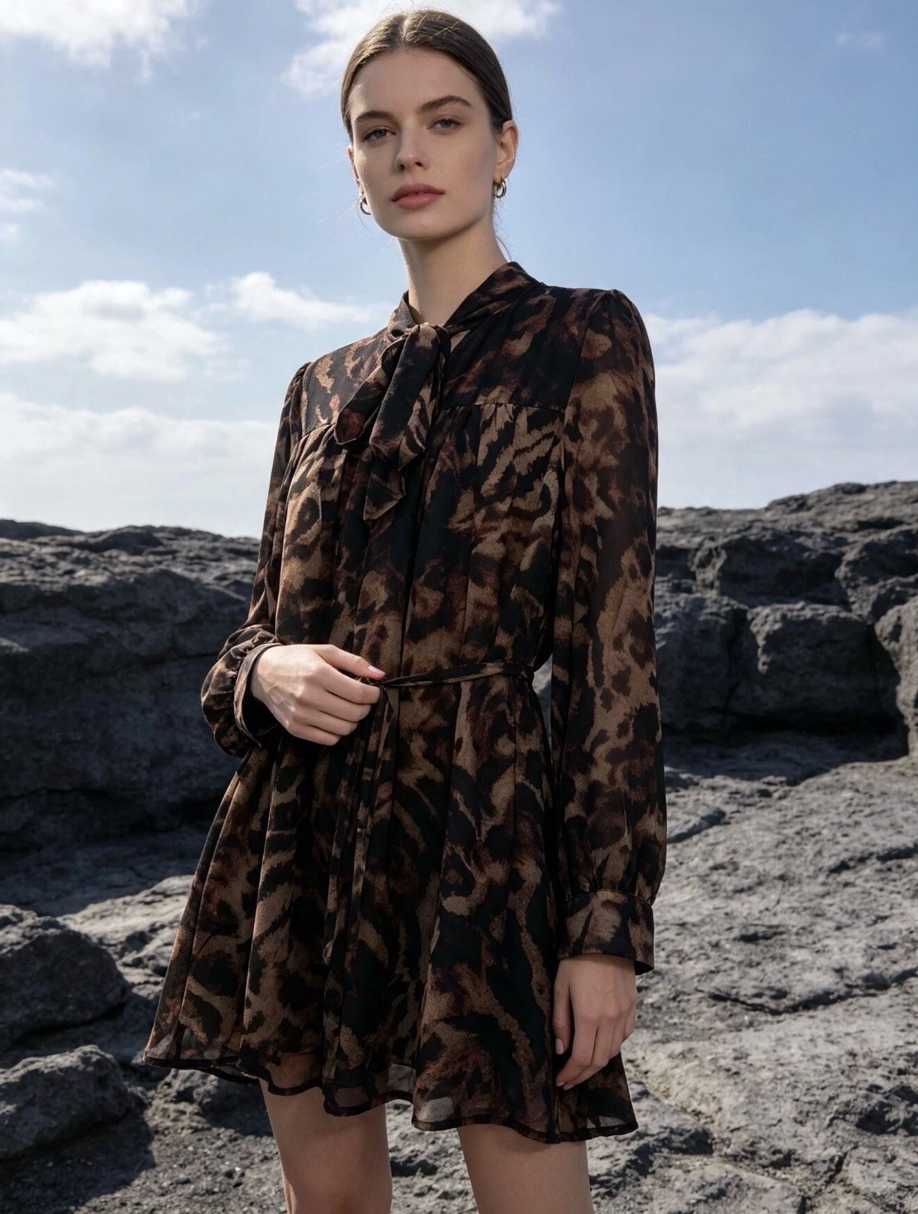 Grossiste Last Queen - Robe mi-longue vaporeuse à imprimé léopard , col V avec lavallière