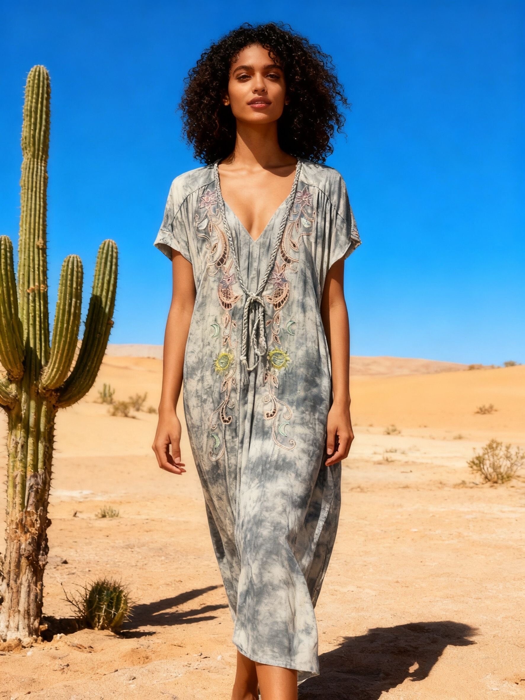 Wholesaler Last Queen - Kimono dress with embroidery, flared cut, washed style