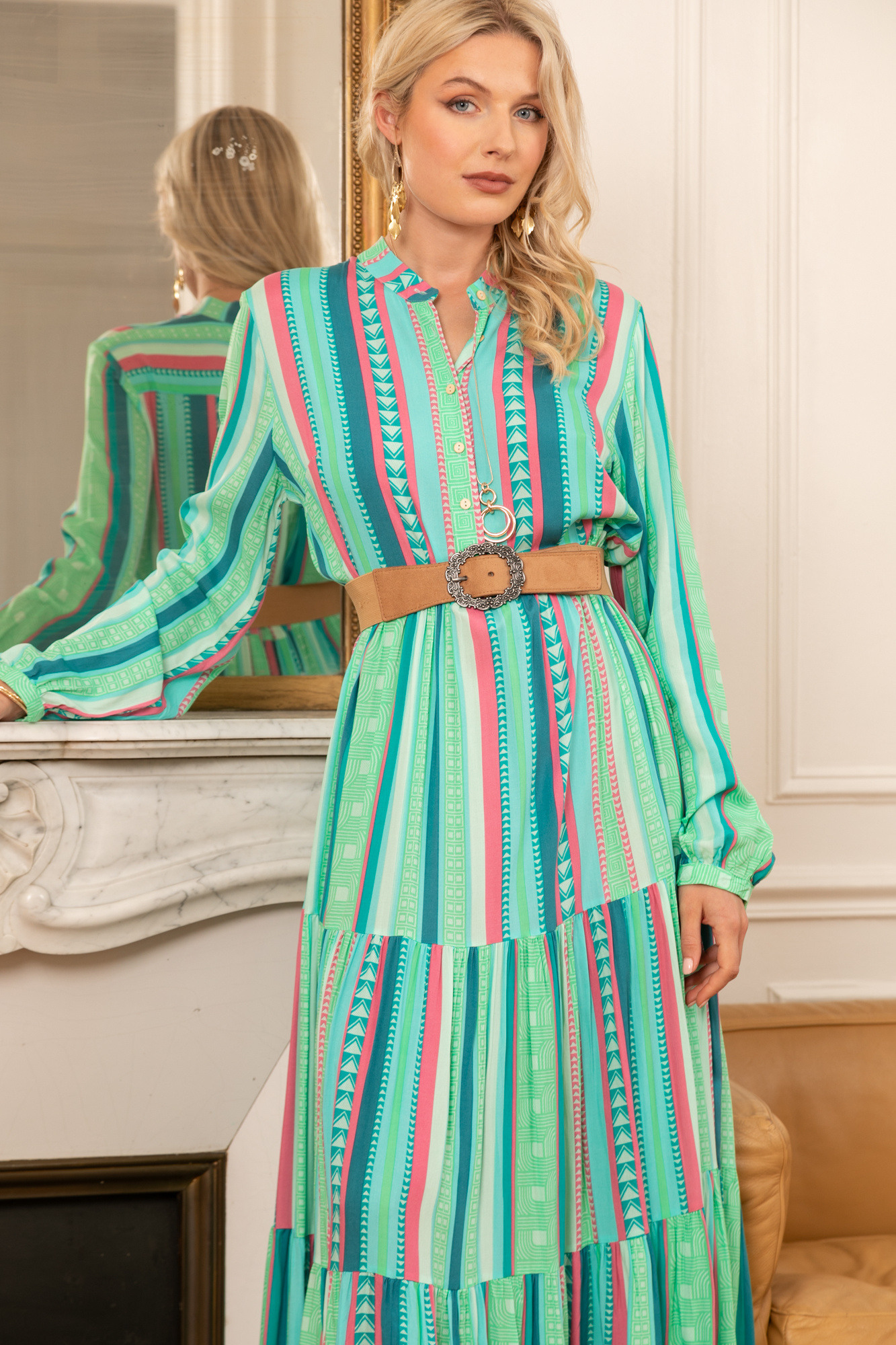 Grossiste Last Queen - Robe chemise à imprimé geométrique , coupe évasée avec fronces
