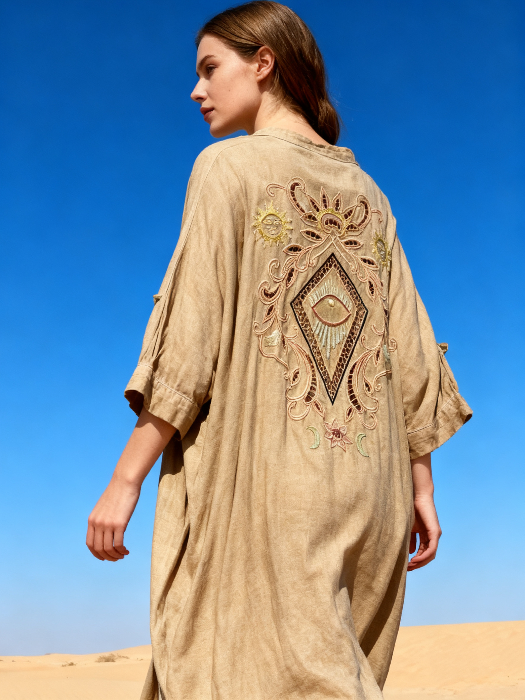 Wholesaler Last Queen - Maxi shirt dress with back embroidery, V-neck, flared cut with hidden pockets