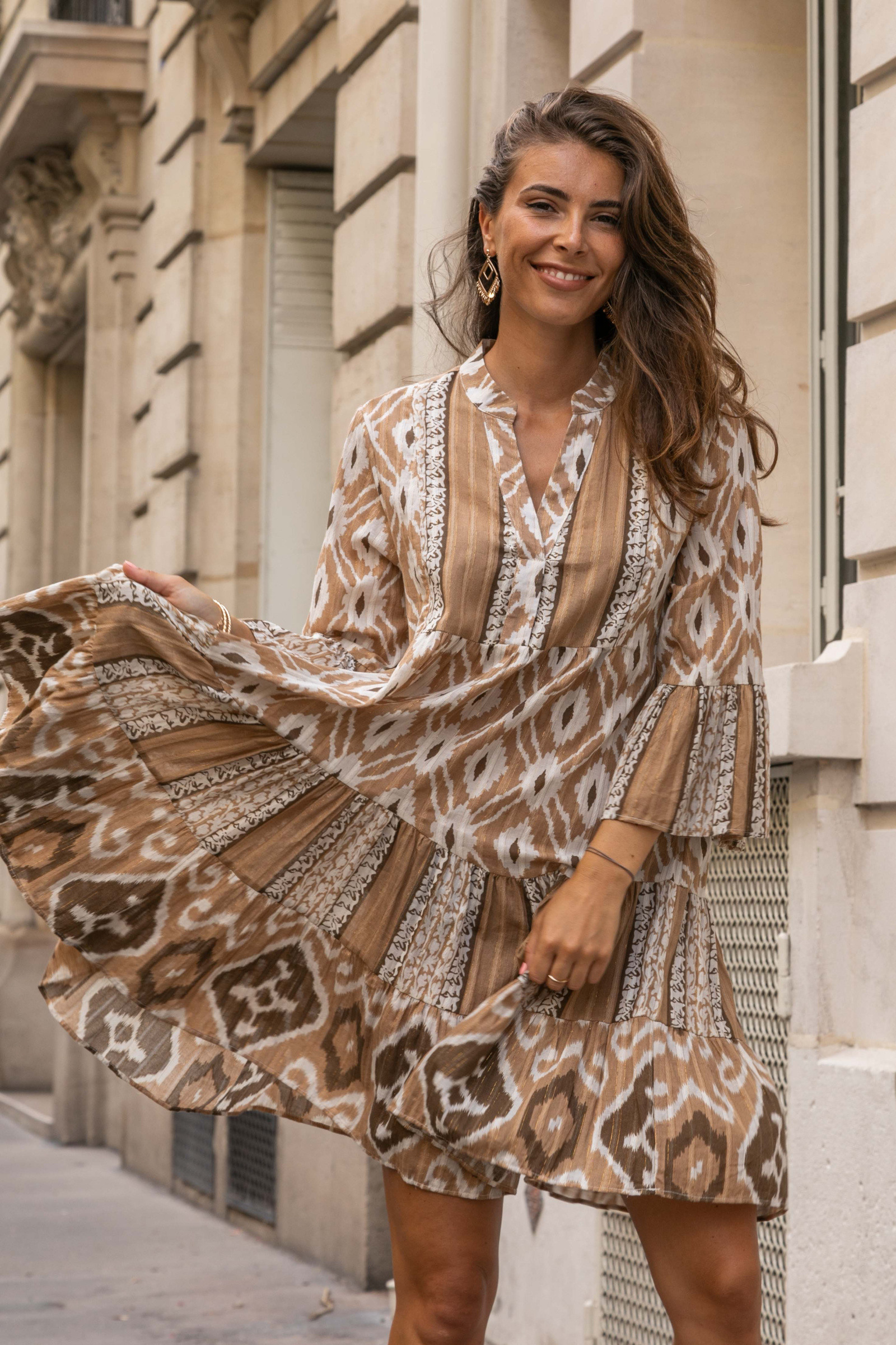 Grossiste Last Queen - Robe tunique à  impriméavec Lurex , coupe évasée