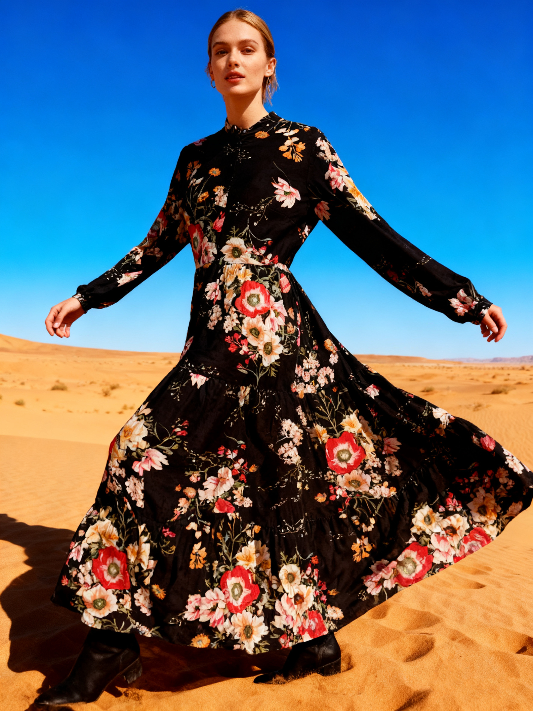 Wholesaler Last Queen - Flowy shirt-style dress with floral print, buttoned front, smooth fabric 43% silk
