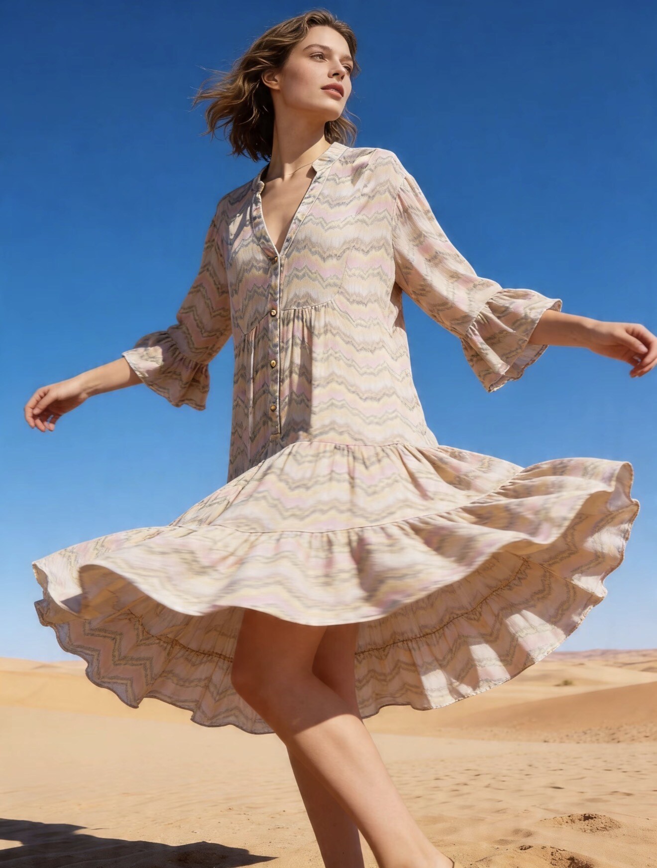 Mayorista Last Queen - Vestido túnica fluido con estampado, estilo desgastado, corte acampanado con frunces