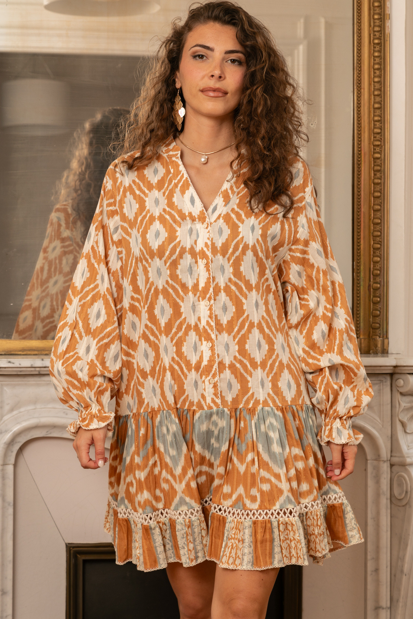 Grossiste Last Queen - Robe mi-longue à  impriméavec Lurex , coupe évasée avec détail ajouré