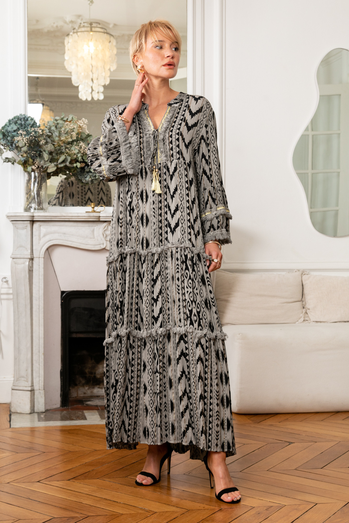 Grossiste Last Queen - Robe Maxi volantée  à imprimé géométrique avec LUREX,coupe évasée