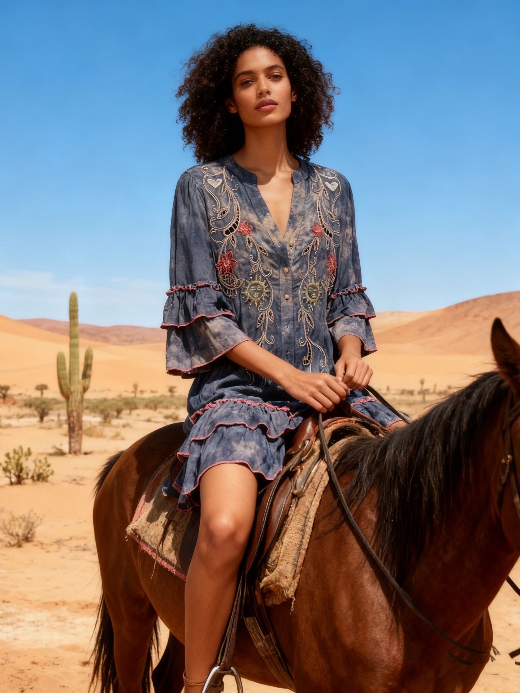 Wholesaler Last Queen - Mid-length embroidered dress, flared cut, washed style with ruffles
