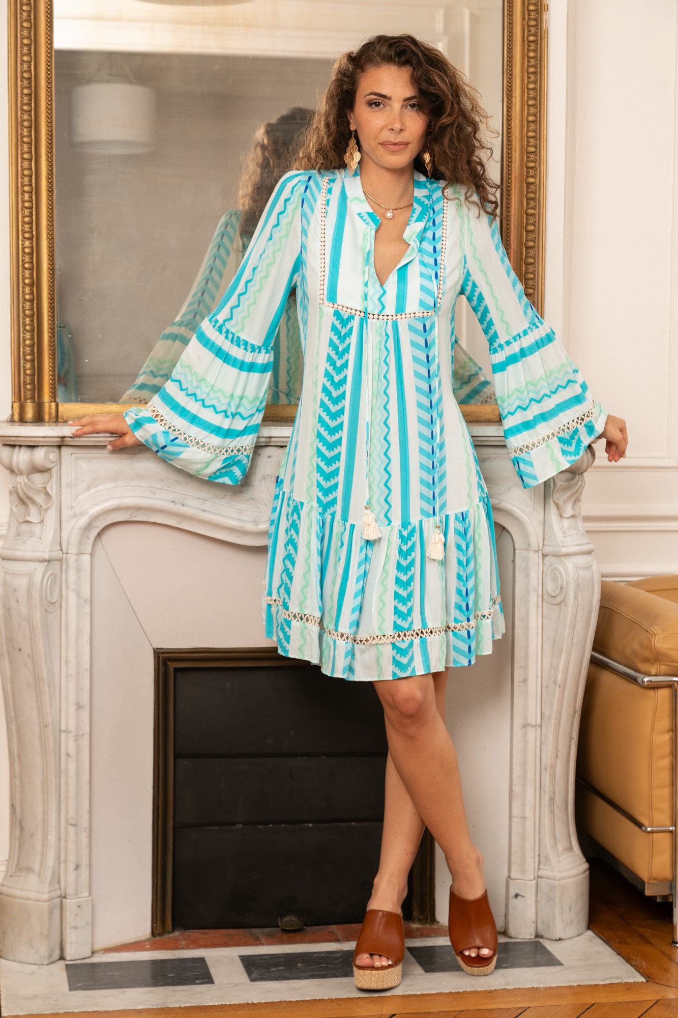 Grossiste Last Queen - Robe mi-longue à imprimé géométrique , coupe évasée