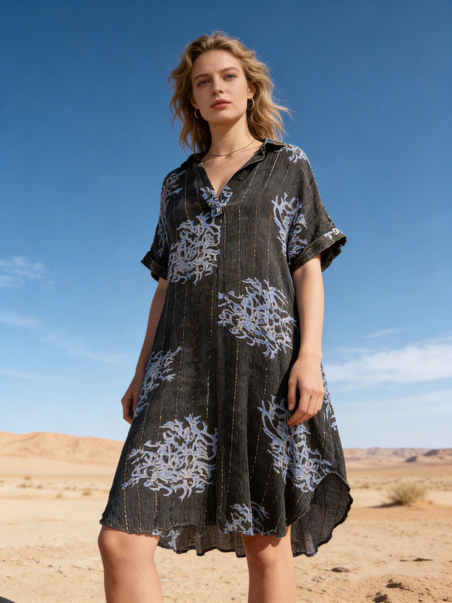 Mayorista Last Queen - Vestido largo con estampado coral, estilo desgastado con Lurex, corte acampanado