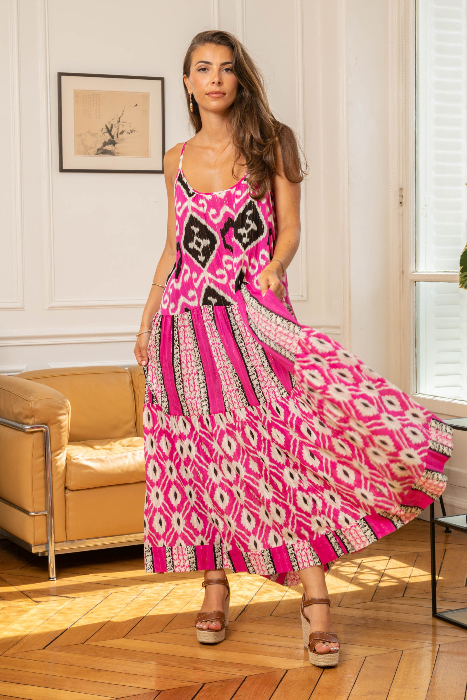 Grossiste Last Queen - Robe long à fine bretelles  imprimée Johnna avec Lurex, coupe évasée