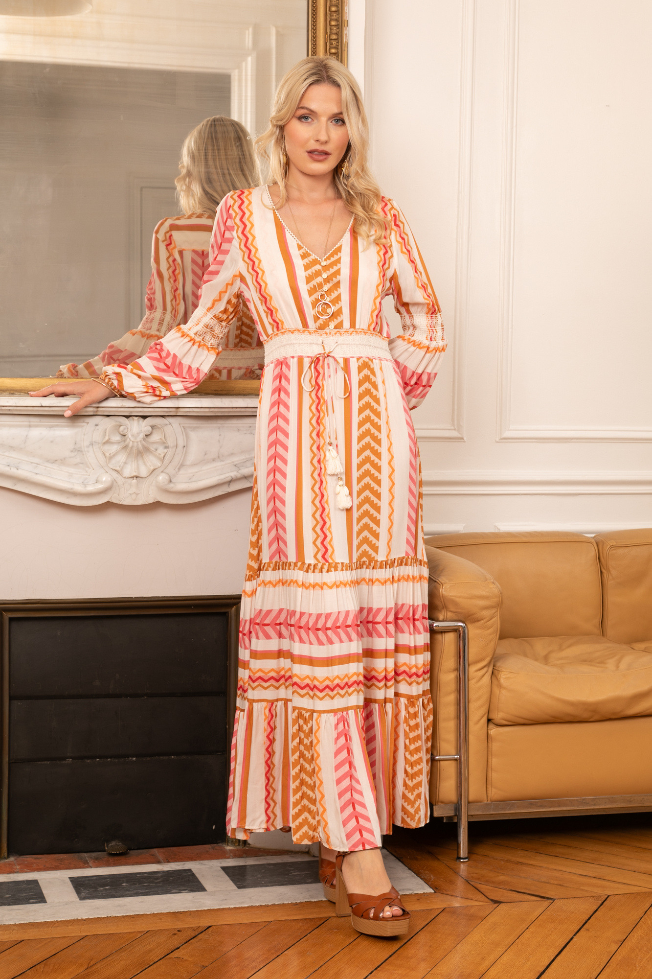 Grossiste Last Queen - Robe longue à imprimé geométrique , col v avec manches ballons