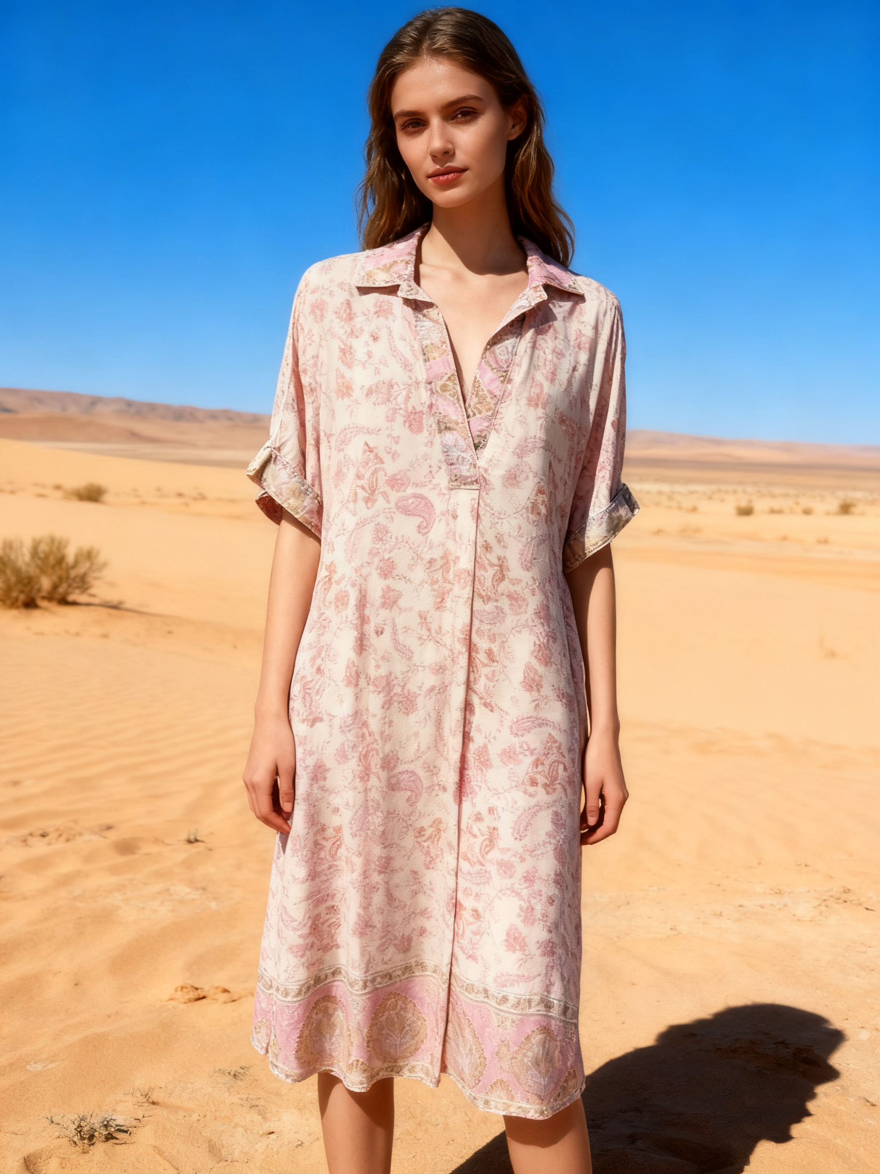 Wholesaler Last Queen - Flowy shirt dress with Paisley print, flared cut, washed fabric