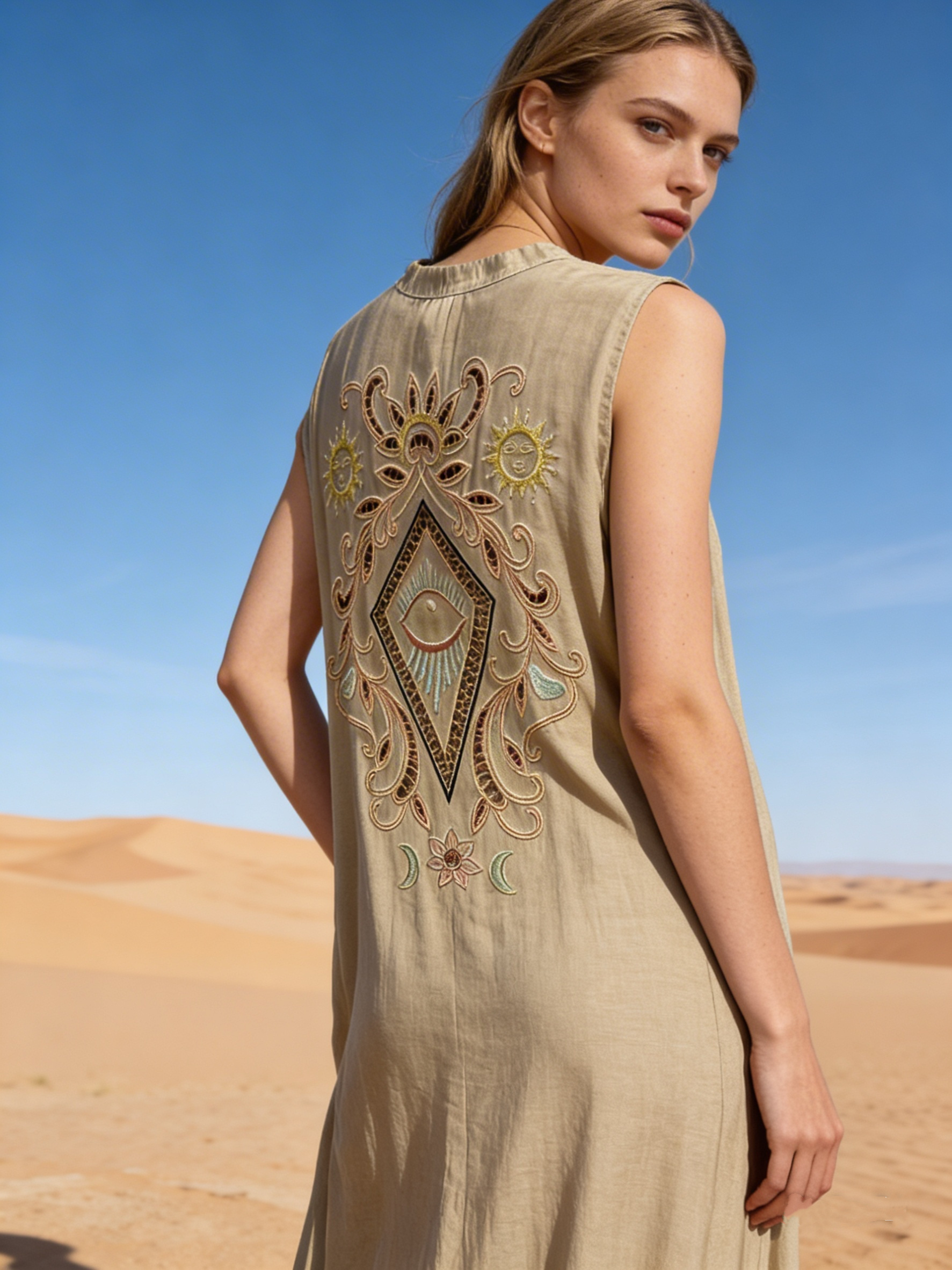 Wholesaler Last Queen - Maxi shirt dress with back embroidery, V-neck, flared cut with hidden pockets