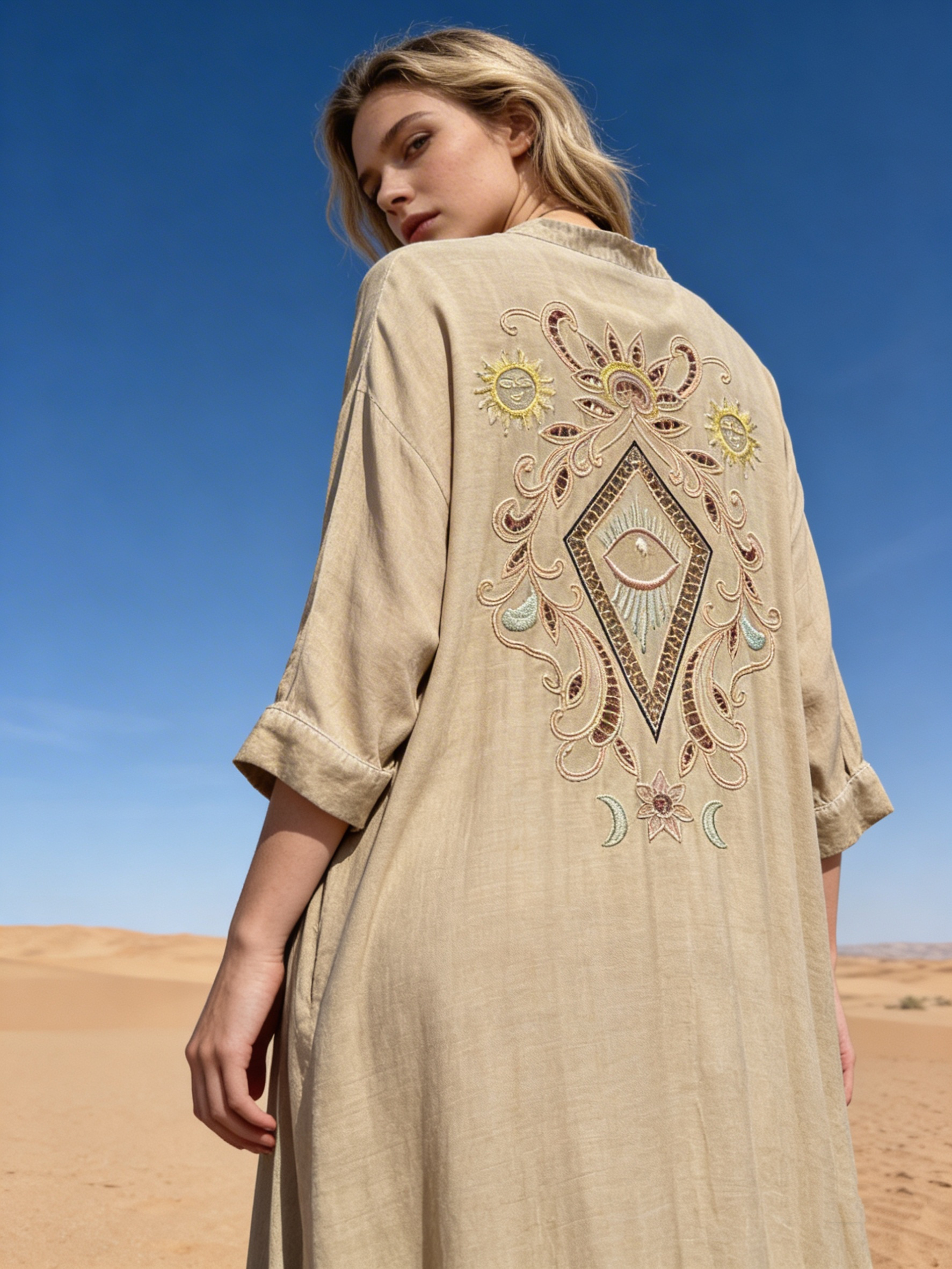 Mayorista Last Queen - Maxi vestido camisero con bordado calado en la espalda, cuello en V, corte acampanado con bolsillos invisibles