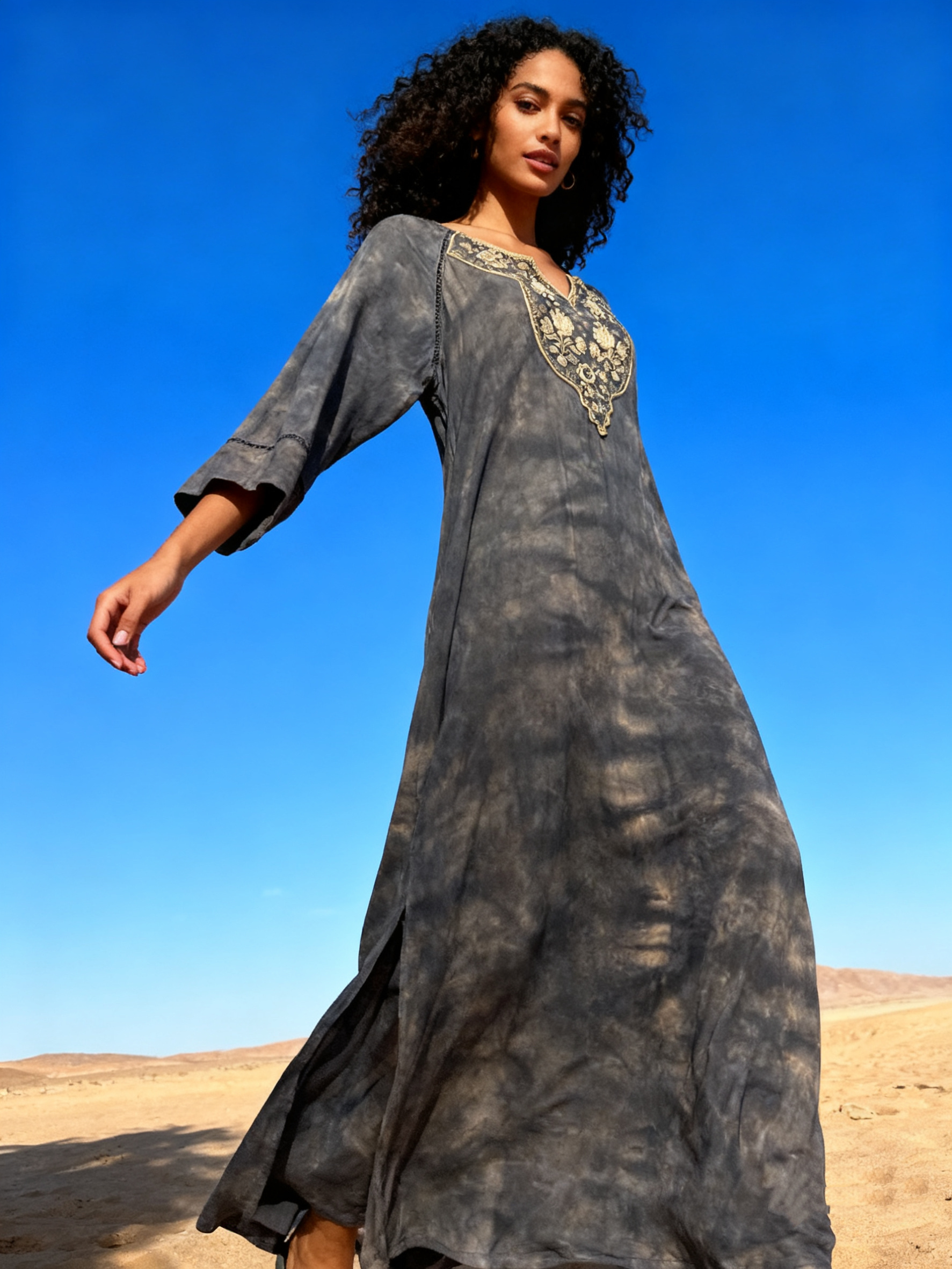 Wholesaler Last Queen - Long dress with embroidery, V-neck, straight cut, washed-out style