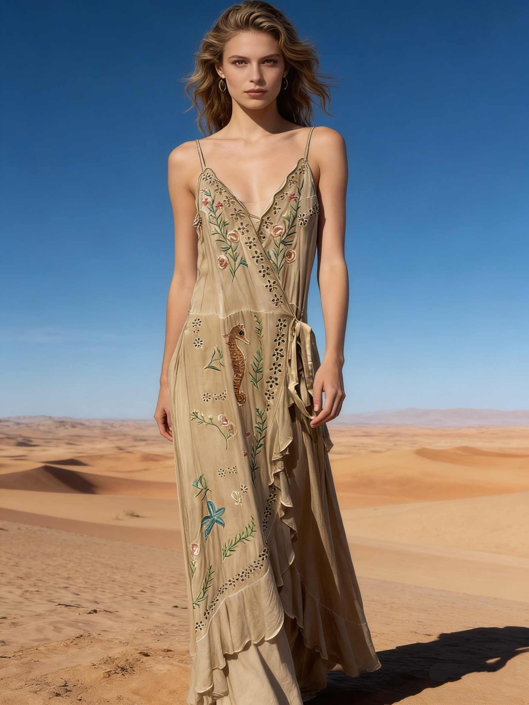 Wholesaler Last Queen - Long wrap dress with straps and floral embroidery, asymmetrical front