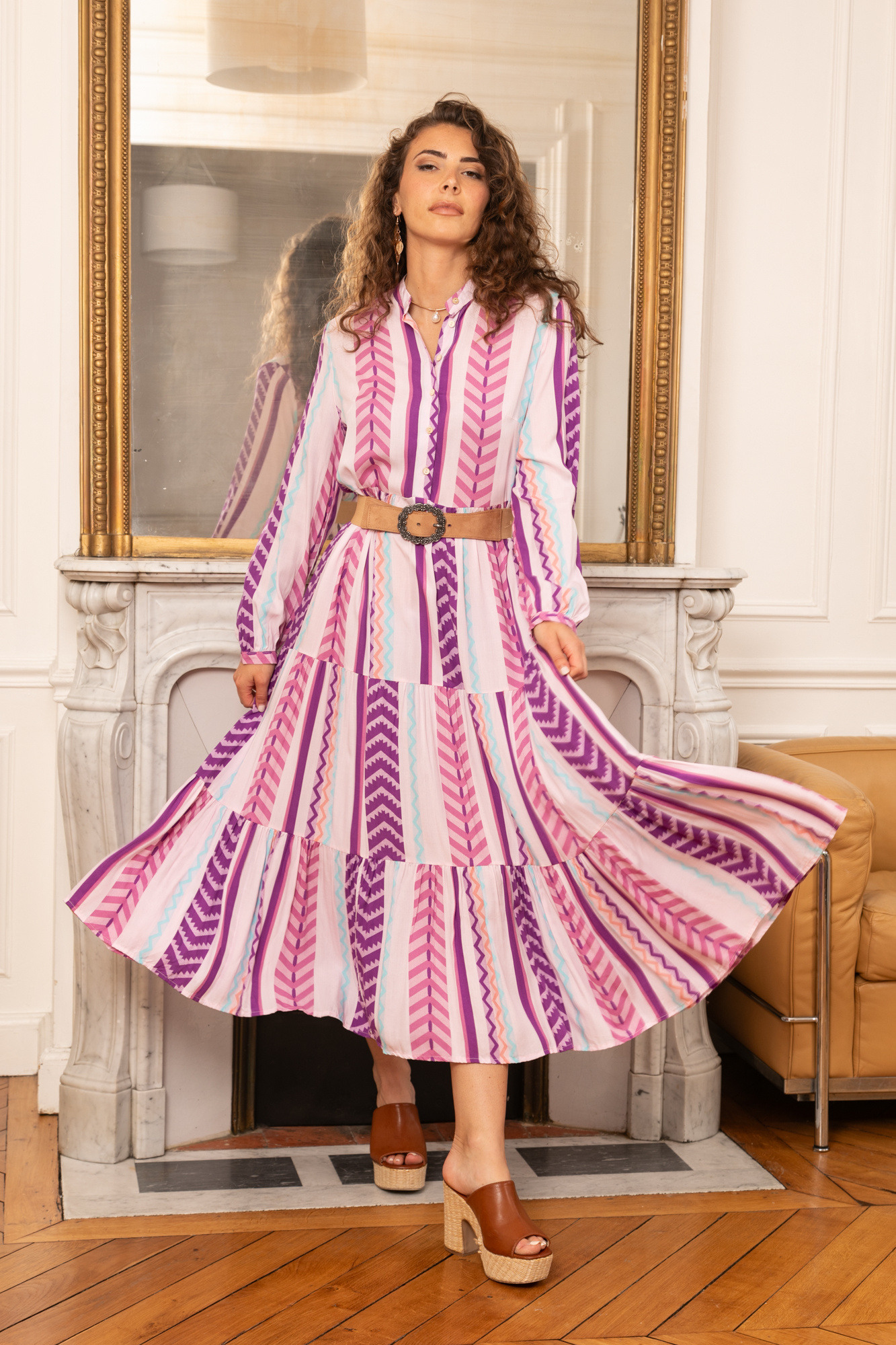 Grossiste Last Queen - Robe chemise à imprimé geométrique , coupe évasée avec fronces