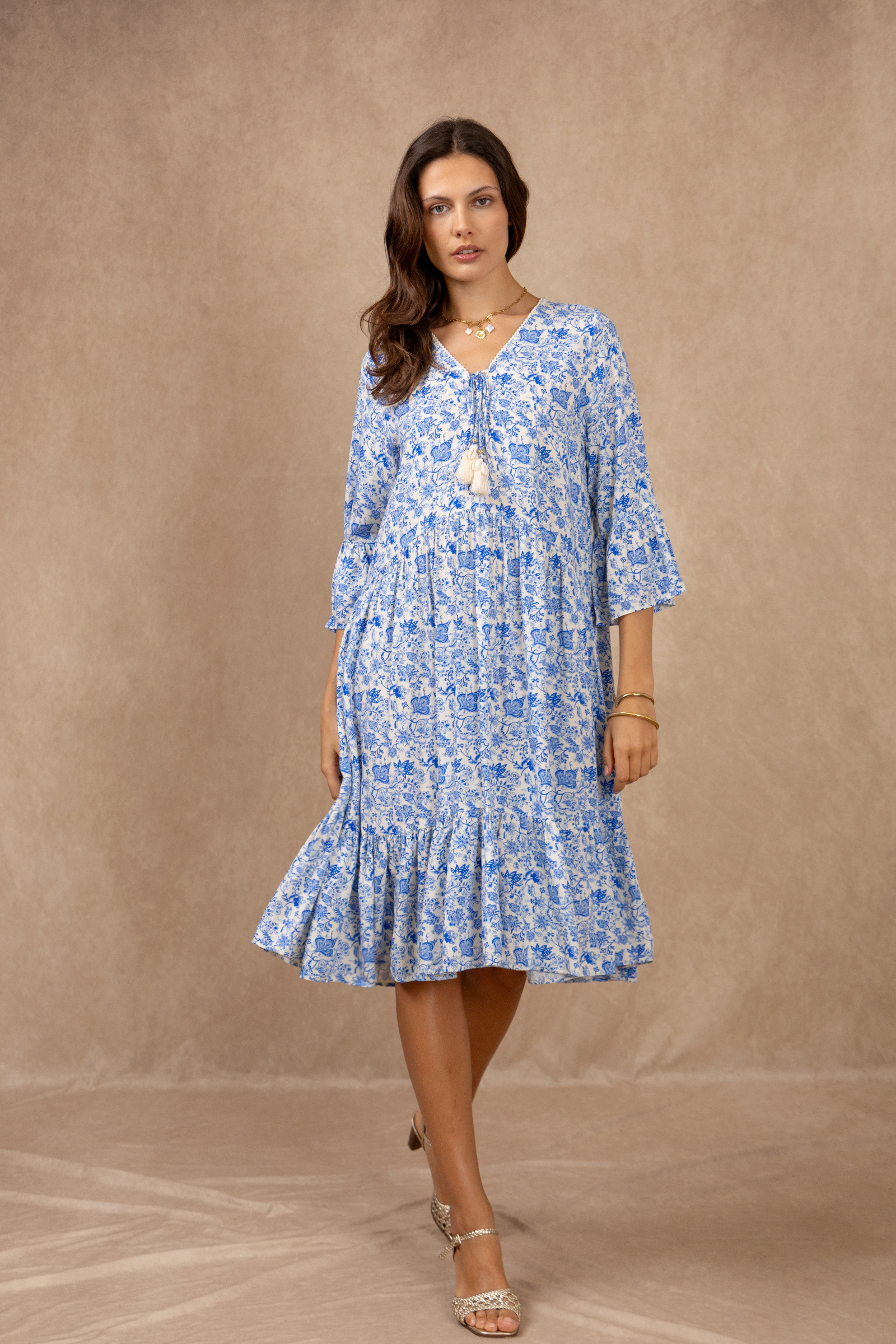 Mayorista Last Queen - Vestido con estampado floral, cuello en V anudado, mangas acampanadas