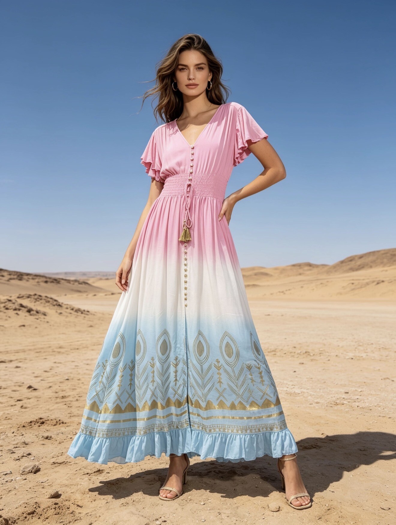 Wholesaler Last Queen - Long printed dress with a gilded effect, V-neck and flutter short sleeves