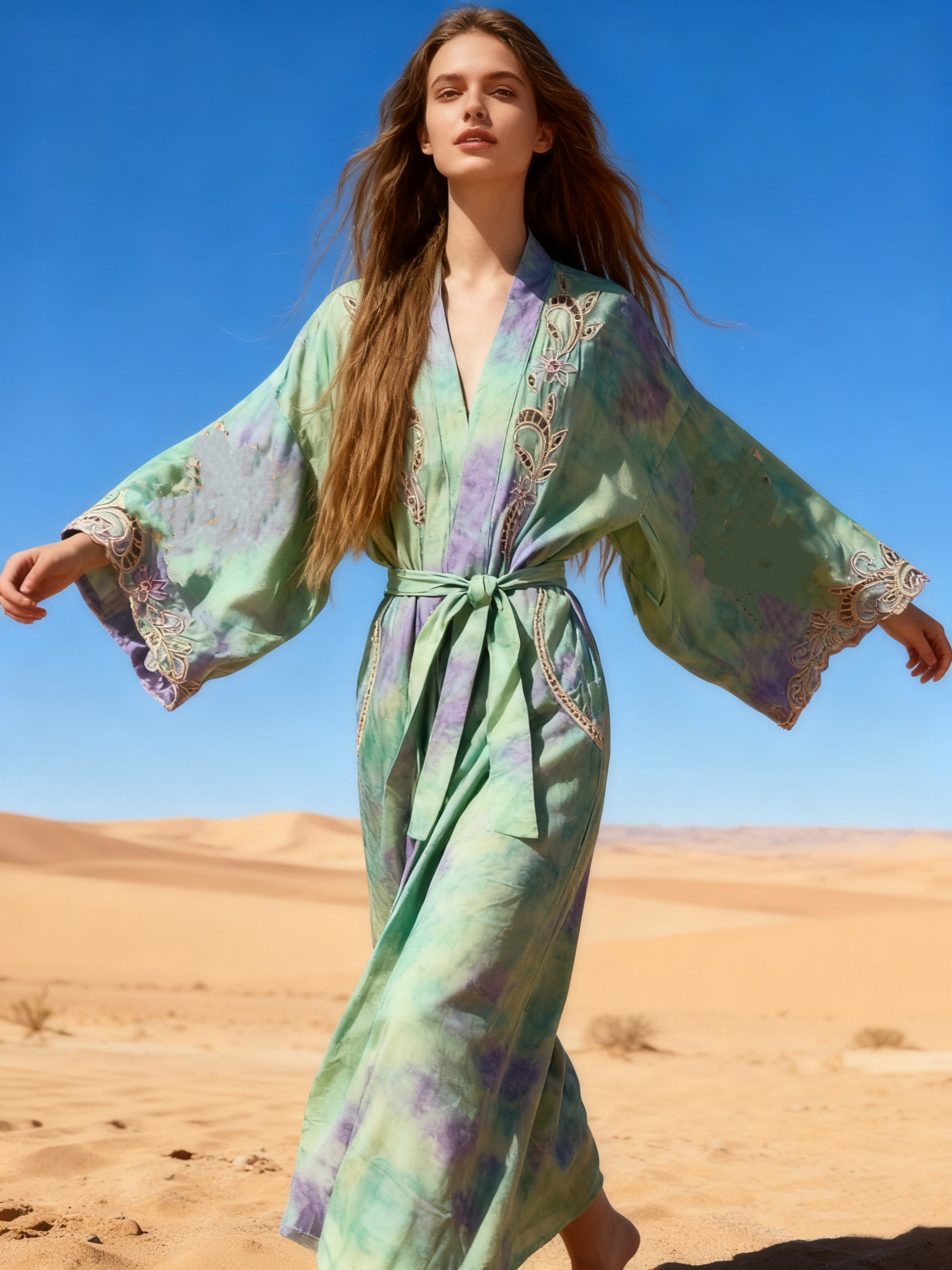 Wholesaler Last Queen - Flowy kimono dress with openwork embroidery, flared cut, invisible pockets